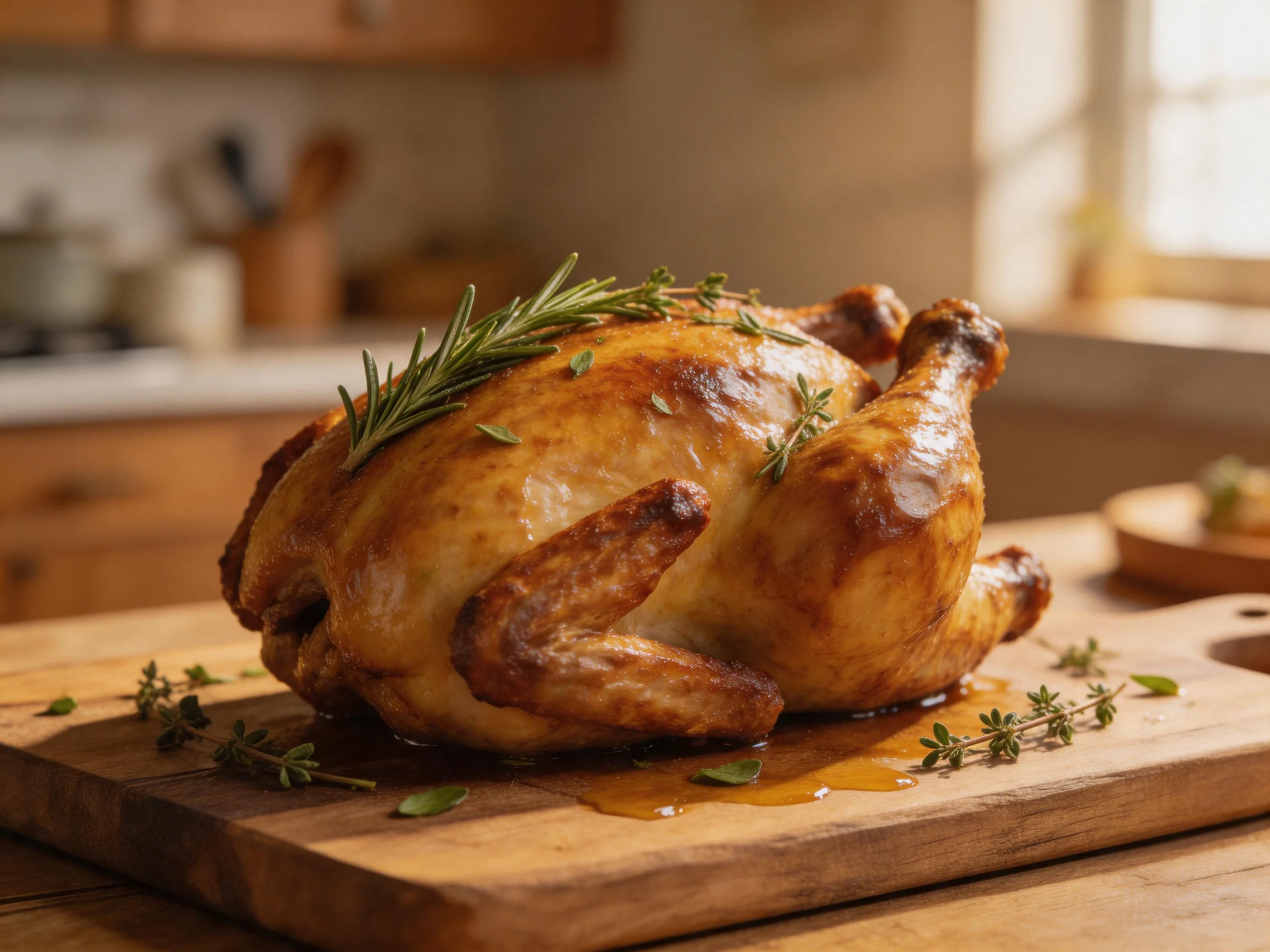 Roasted golden-brown chicken garnished with fresh herbs on wooden cutting board