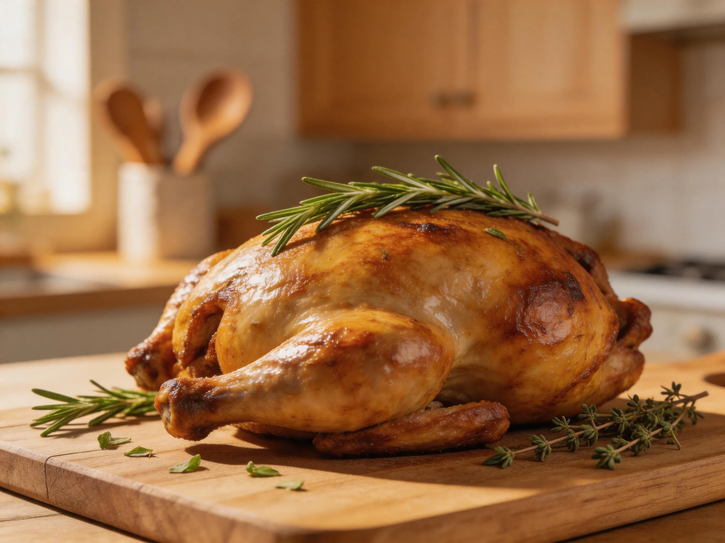 A golden - brown roasted chicken garnished with herbs is placed on a wooden cutting board in a kitchen.