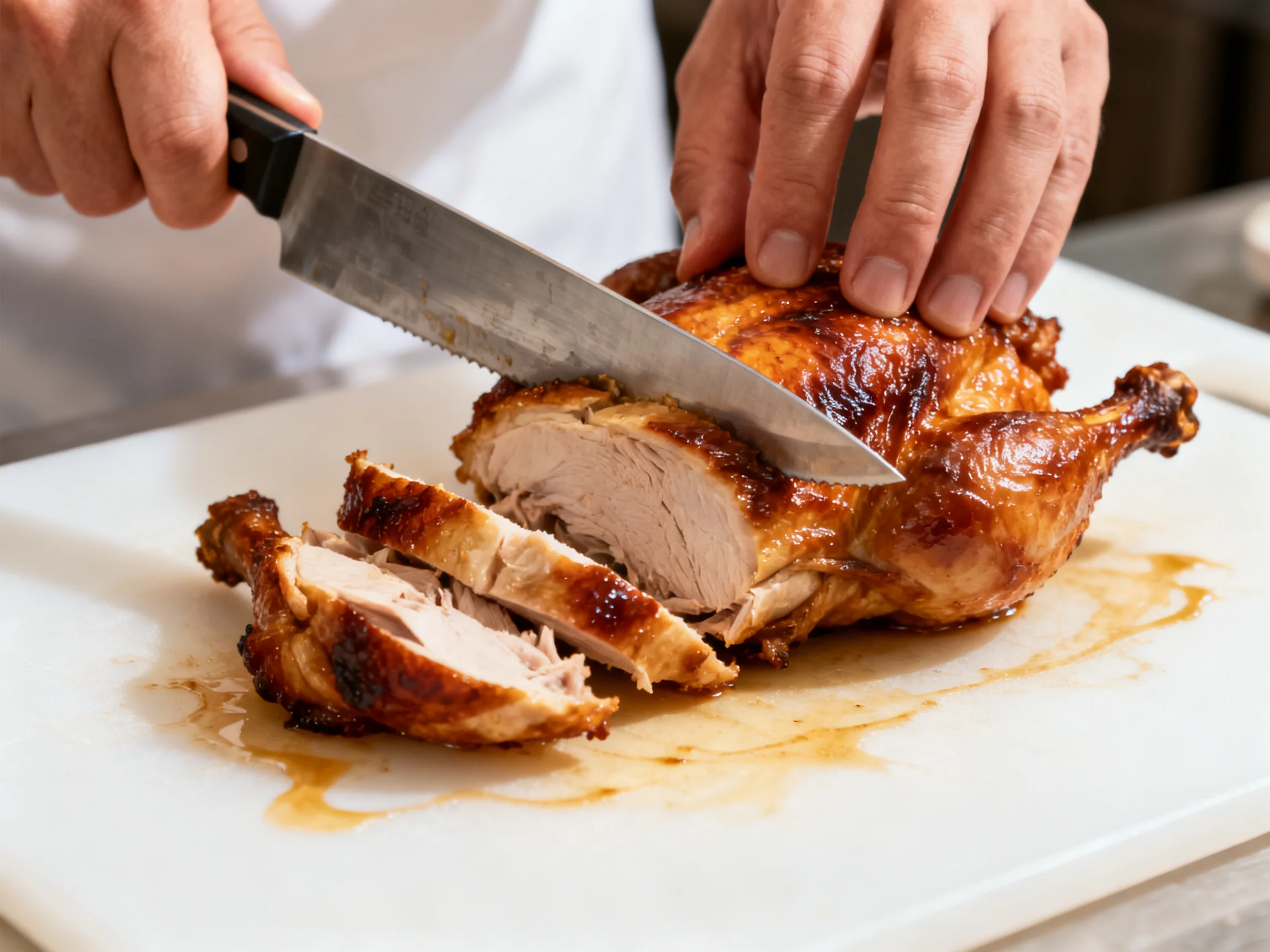 Chef carefully slicing through a perfectly prepared roasted chicken on a white cutting surface