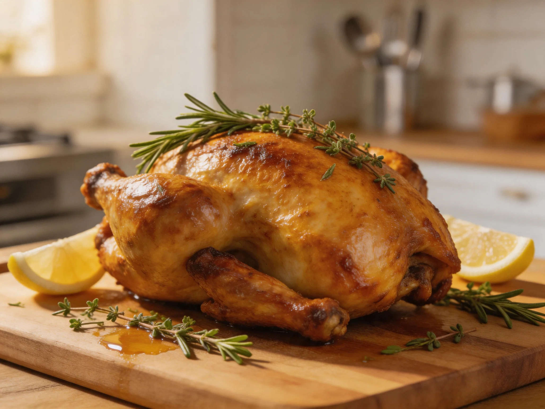 Roasted golden chicken garnished with fresh herbs and lemon wedges on wooden cutting board