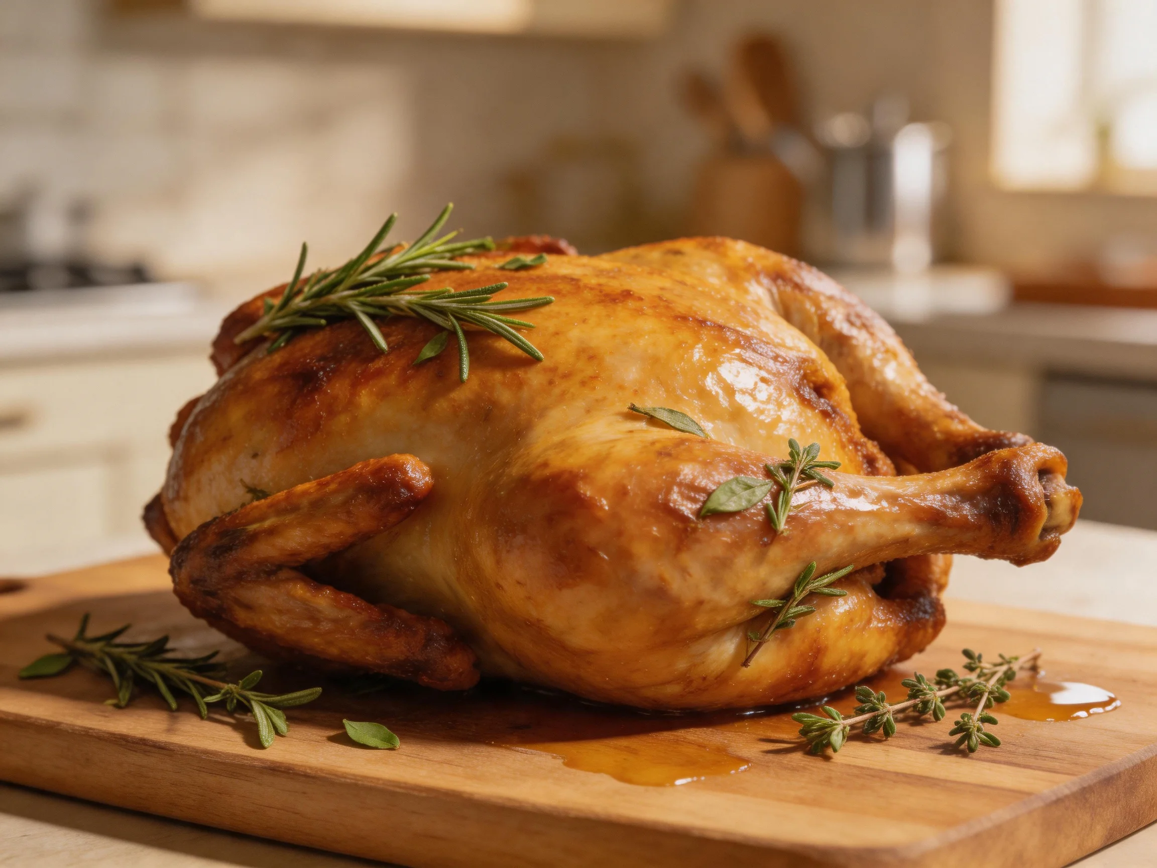 Roasted golden chicken garnished with herbs rests on a wooden cutting board in a kitchen.