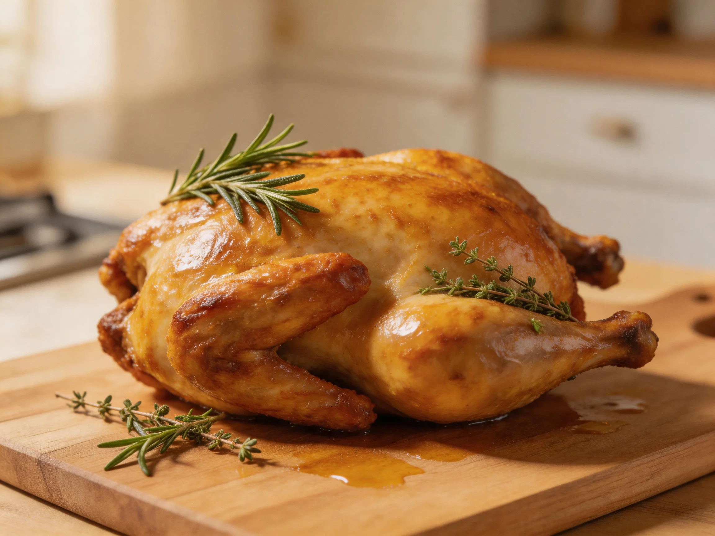 Roasted golden chicken garnished with herbs on wooden cutting board