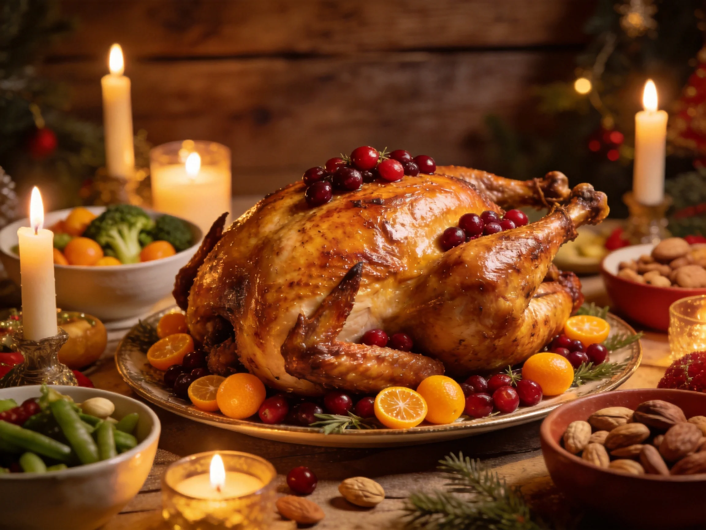 Roasted turkey centerpiece with candles and holiday side dishes