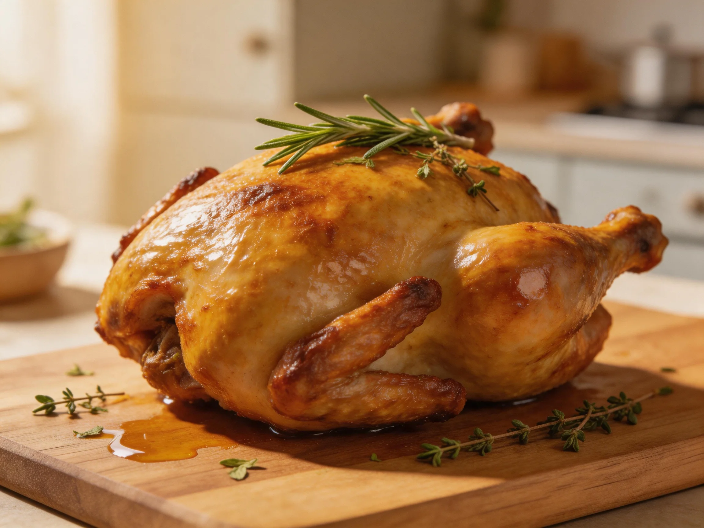 Roasted whole chicken garnished with herbs on wooden cutting board