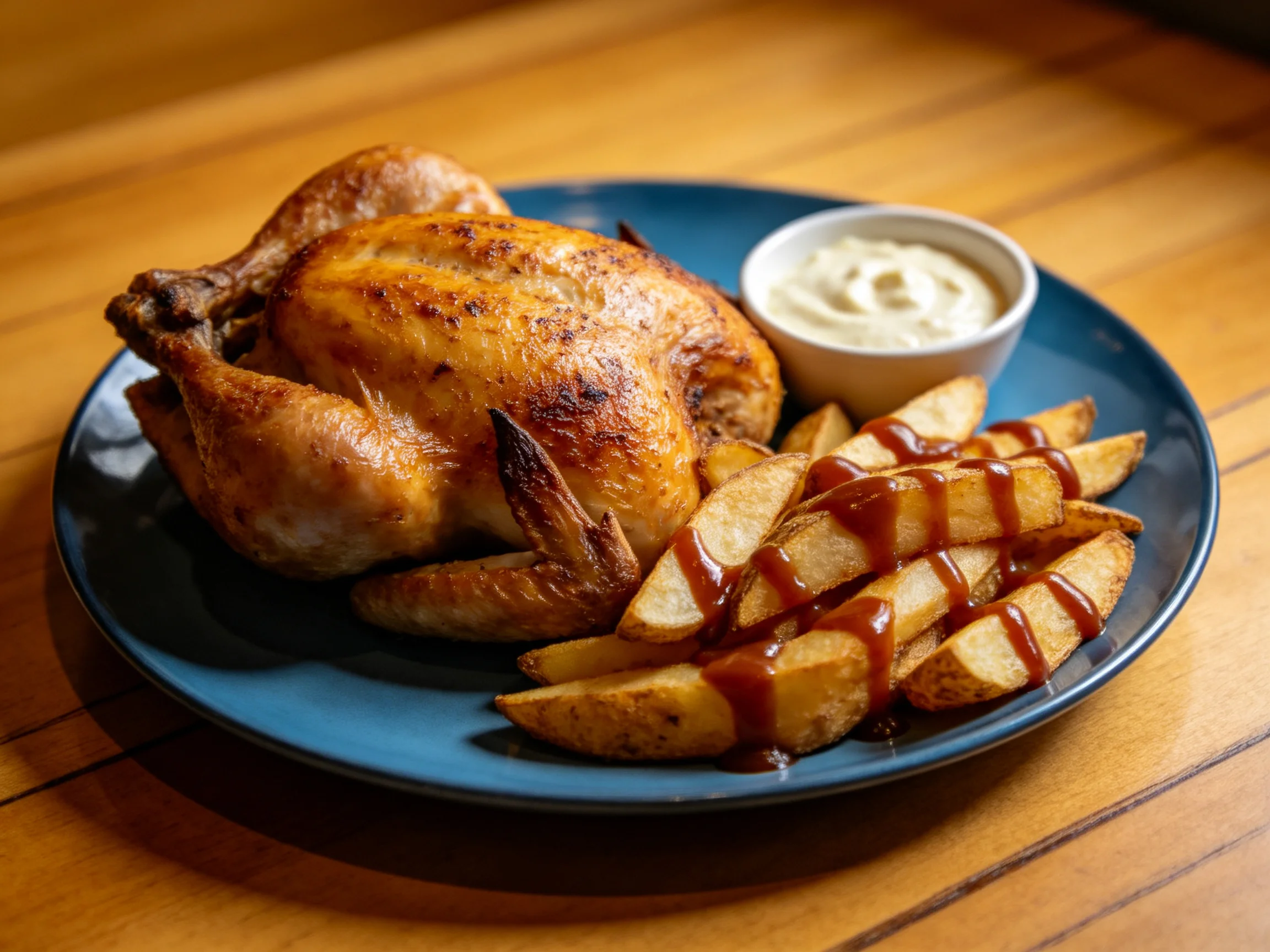 Roasted whole chicken with seasoned potato wedges and creamy sauce