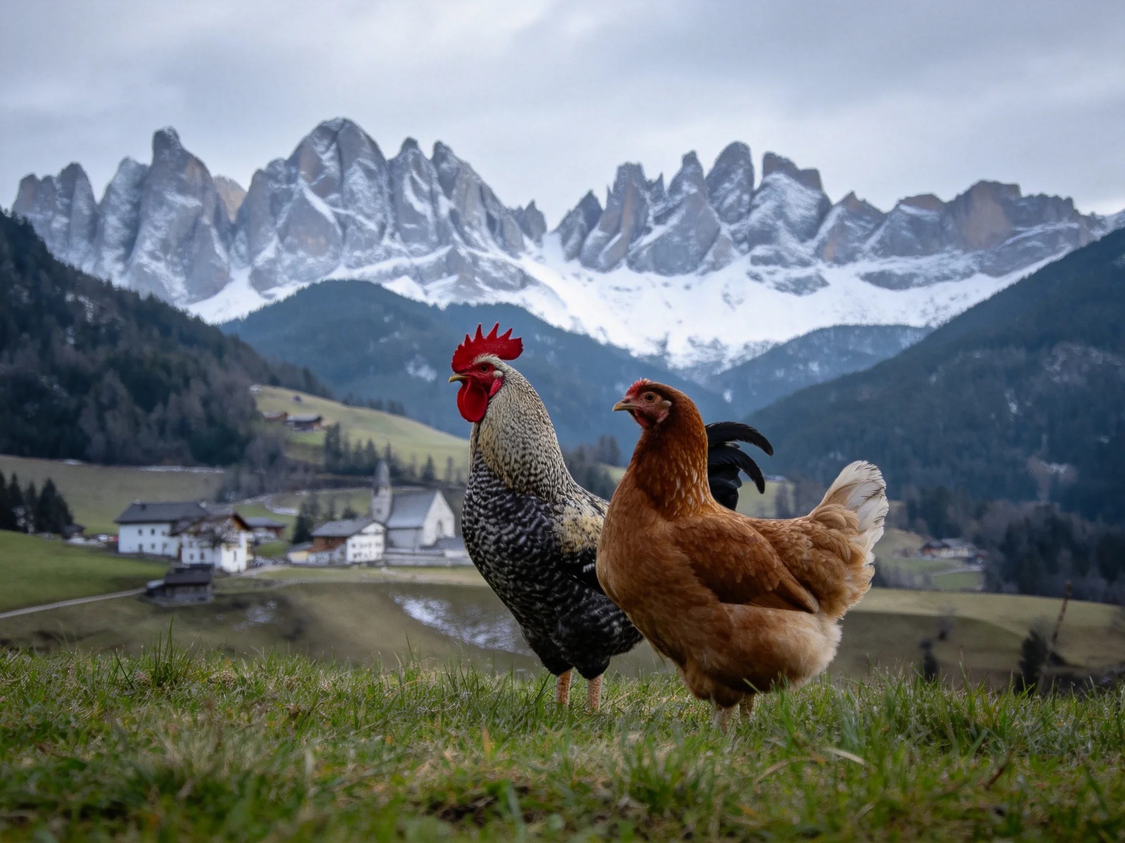 Rooster and hen on grassy hillside with snow-capped mountain peaks