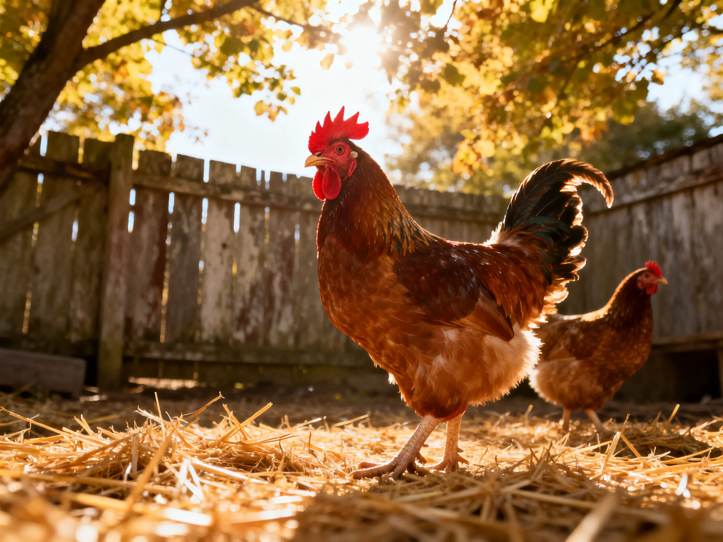 Rooster and hen on straw near weathered fence in sunlight