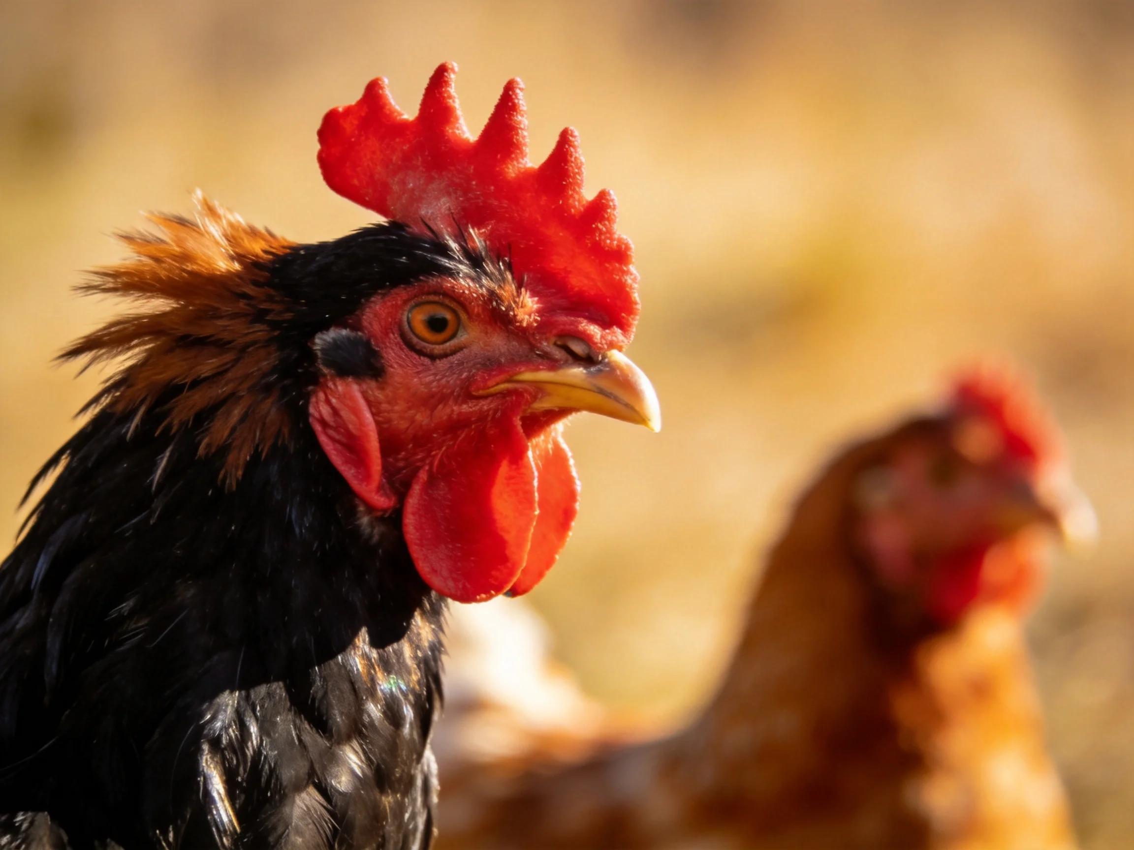 Rooster with bold red comb alongside a brown hen in natural light