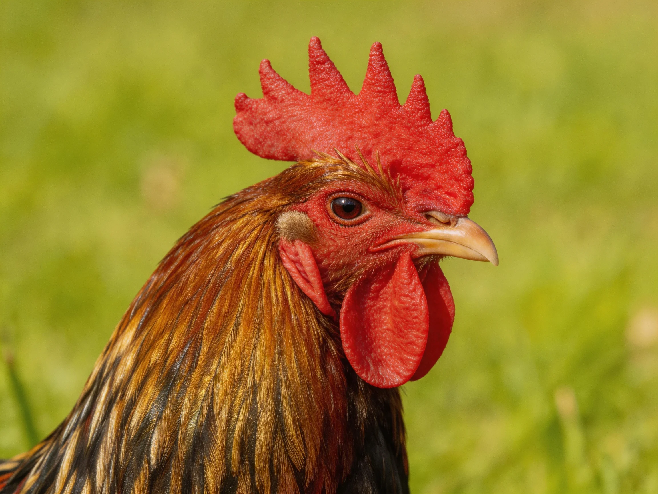Close-up of a rooster with bright red comb and wattles amid a blurred green background.