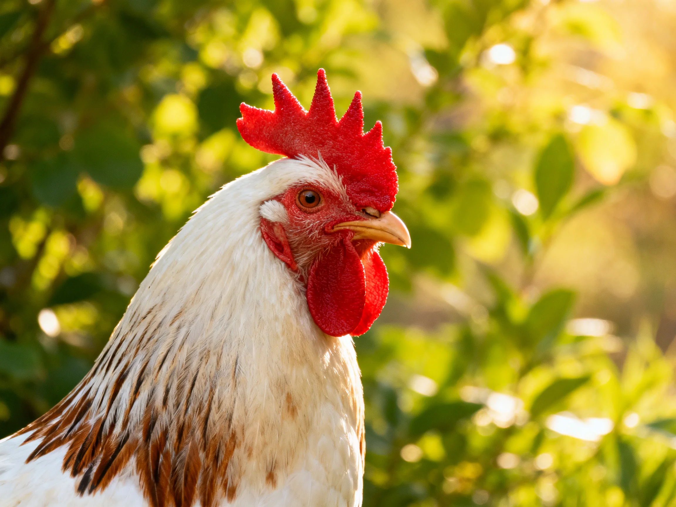 A rooster with a red comb and wattles stands near green foliage.