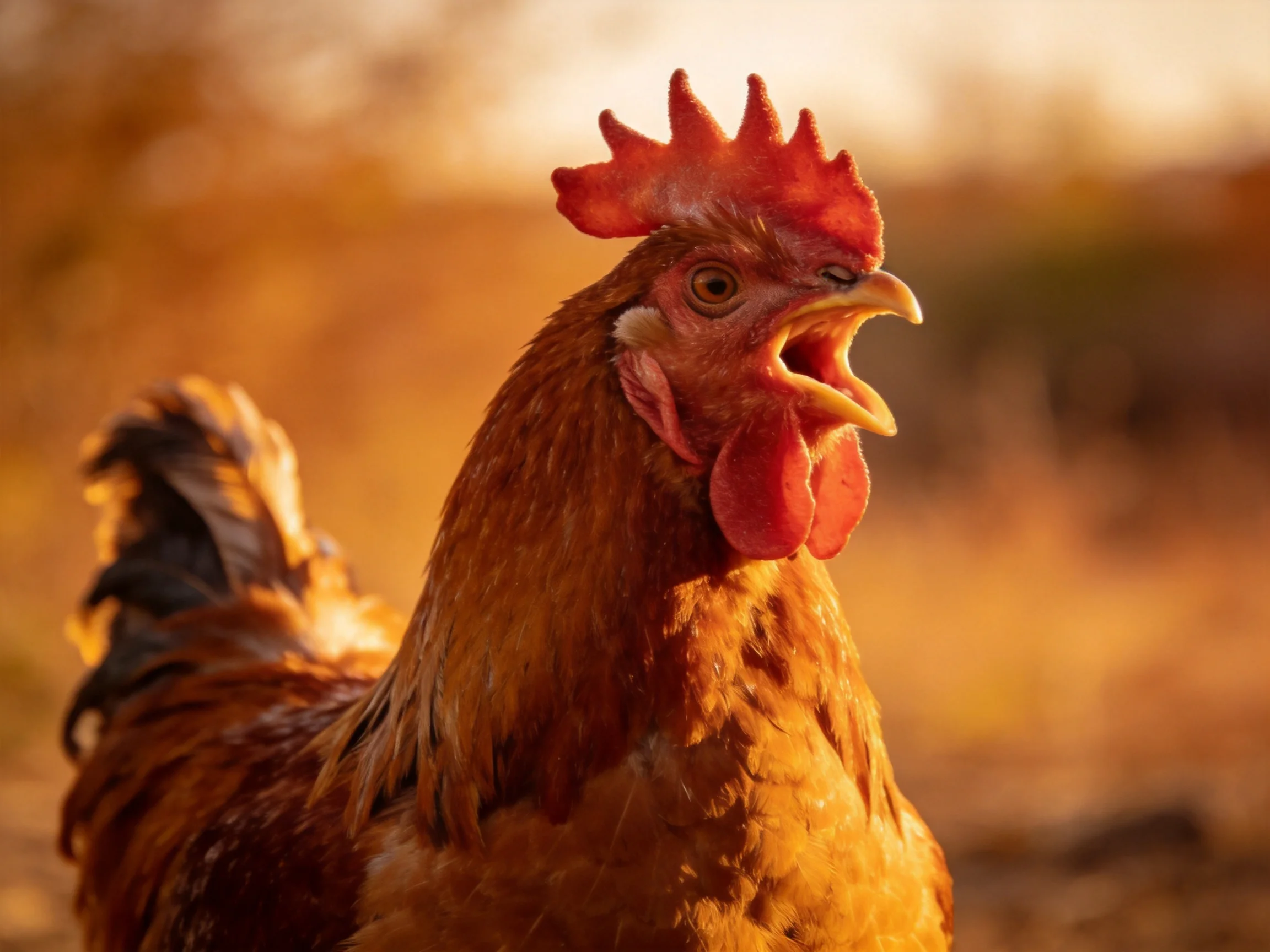 A rooster with a bright red comb and brown feathers is illuminated by golden-hour light outdoors.