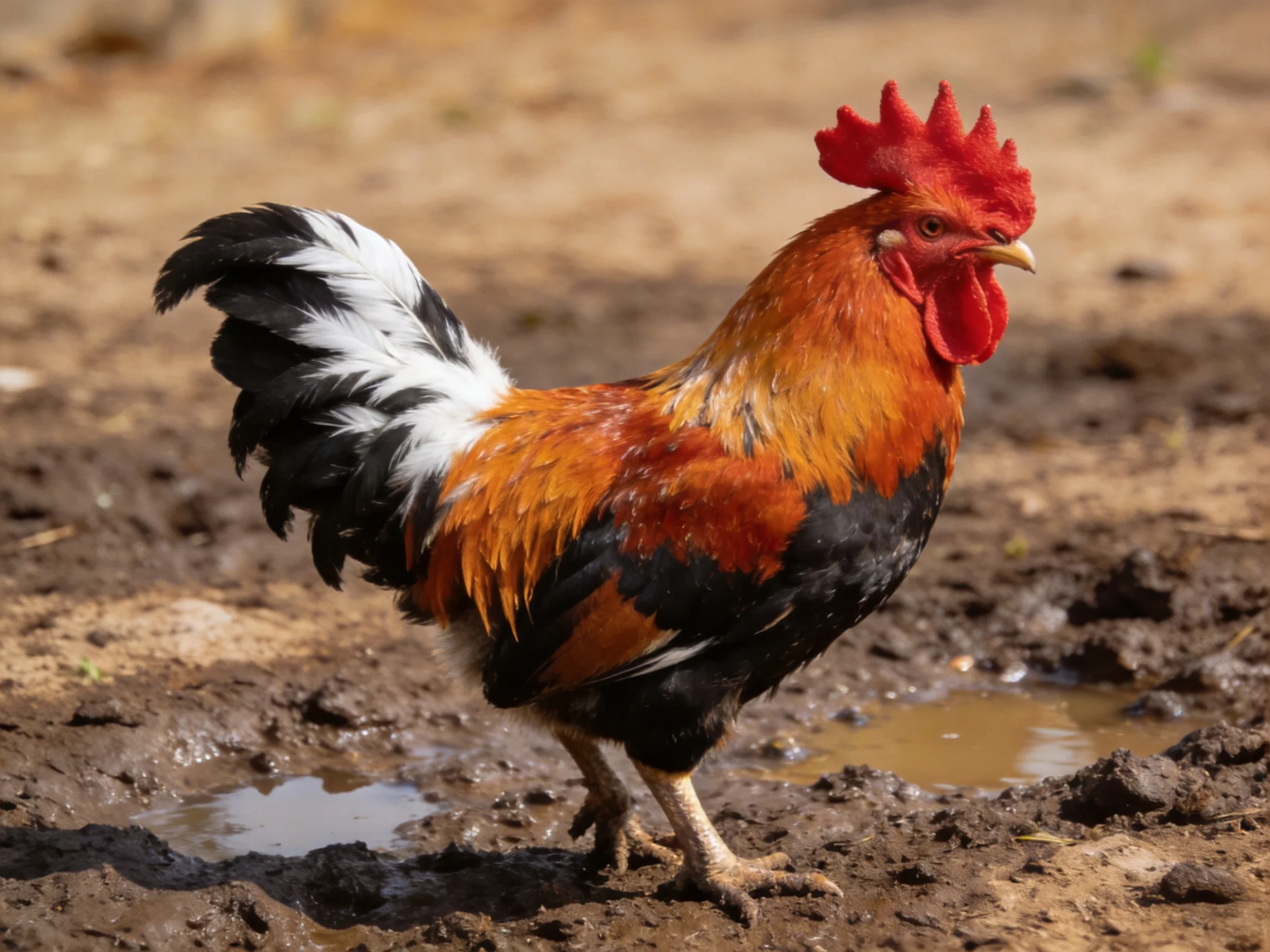 A rooster with colorful plumage stands on muddy ground near puddles.