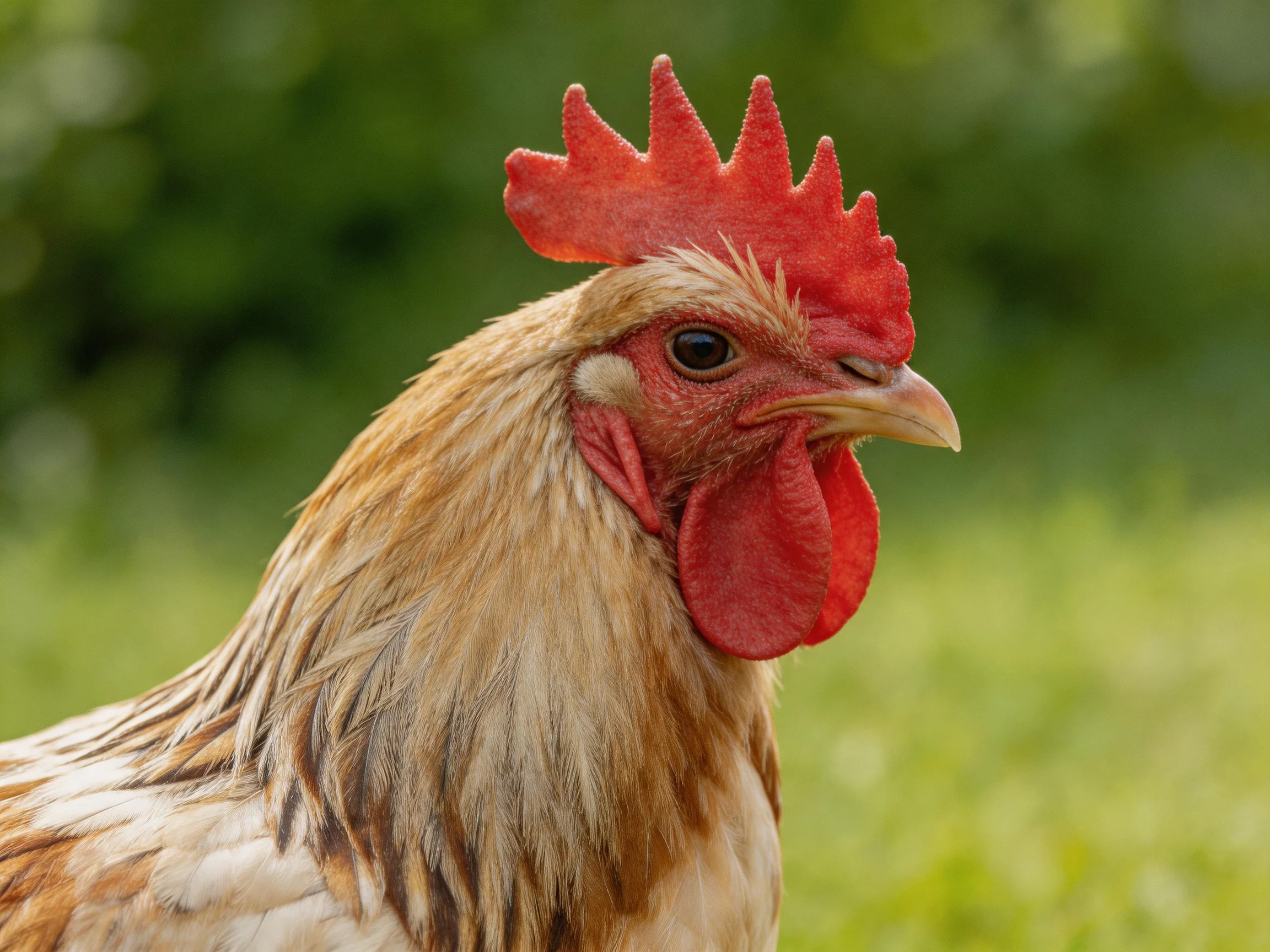 Rooster with vibrant red comb and brown-white feathers in green surroundings