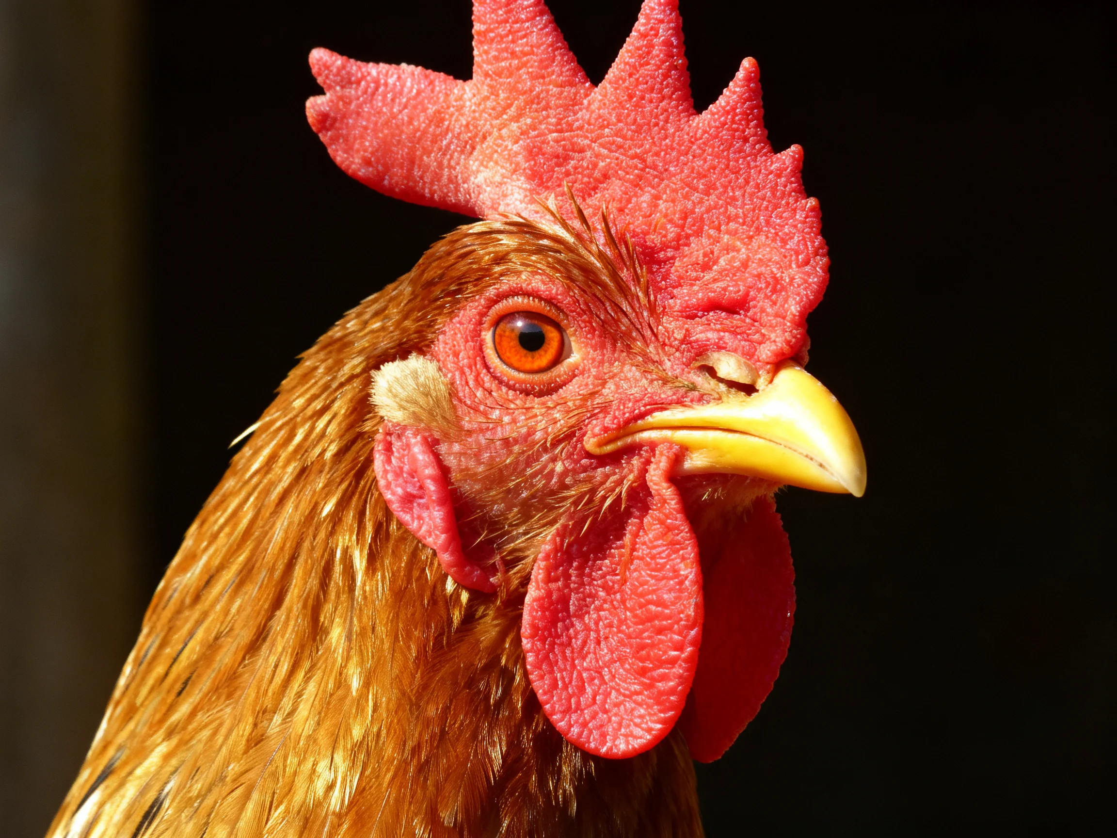 Rooster with vibrant red comb and golden-brown plumage