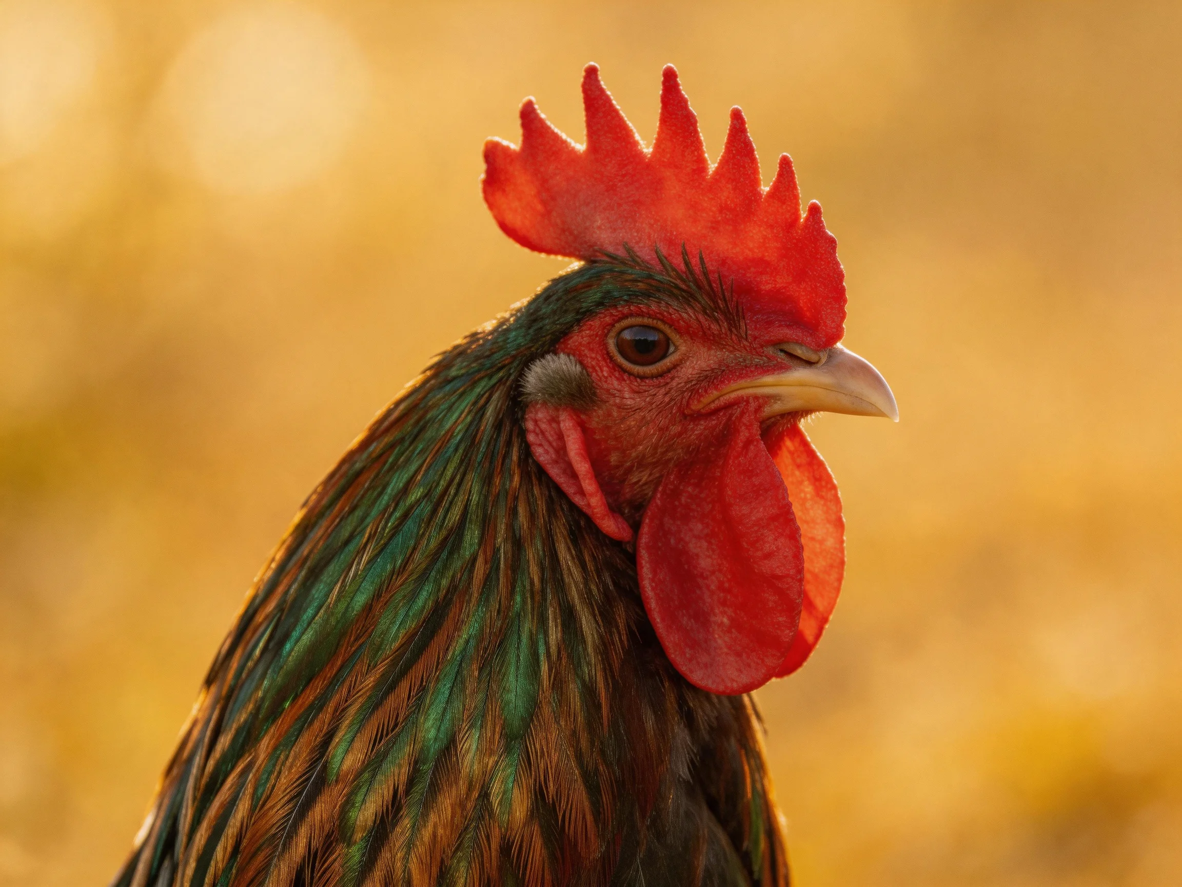Rooster with vivid red comb and iridescent brown-green feathers in golden light