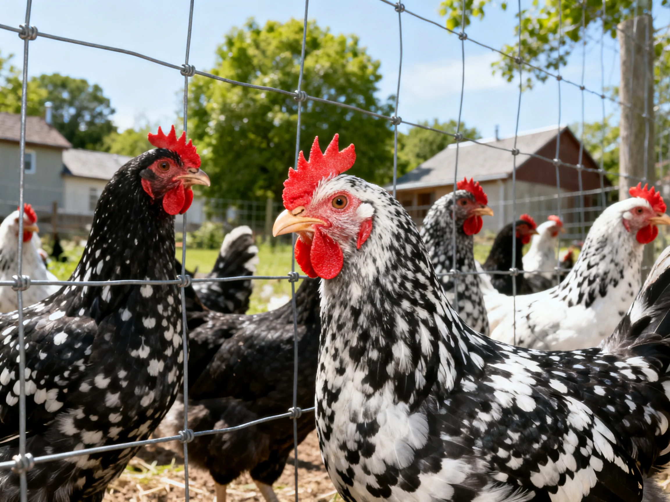 Seven black and white speckled chickens behind a wire fence