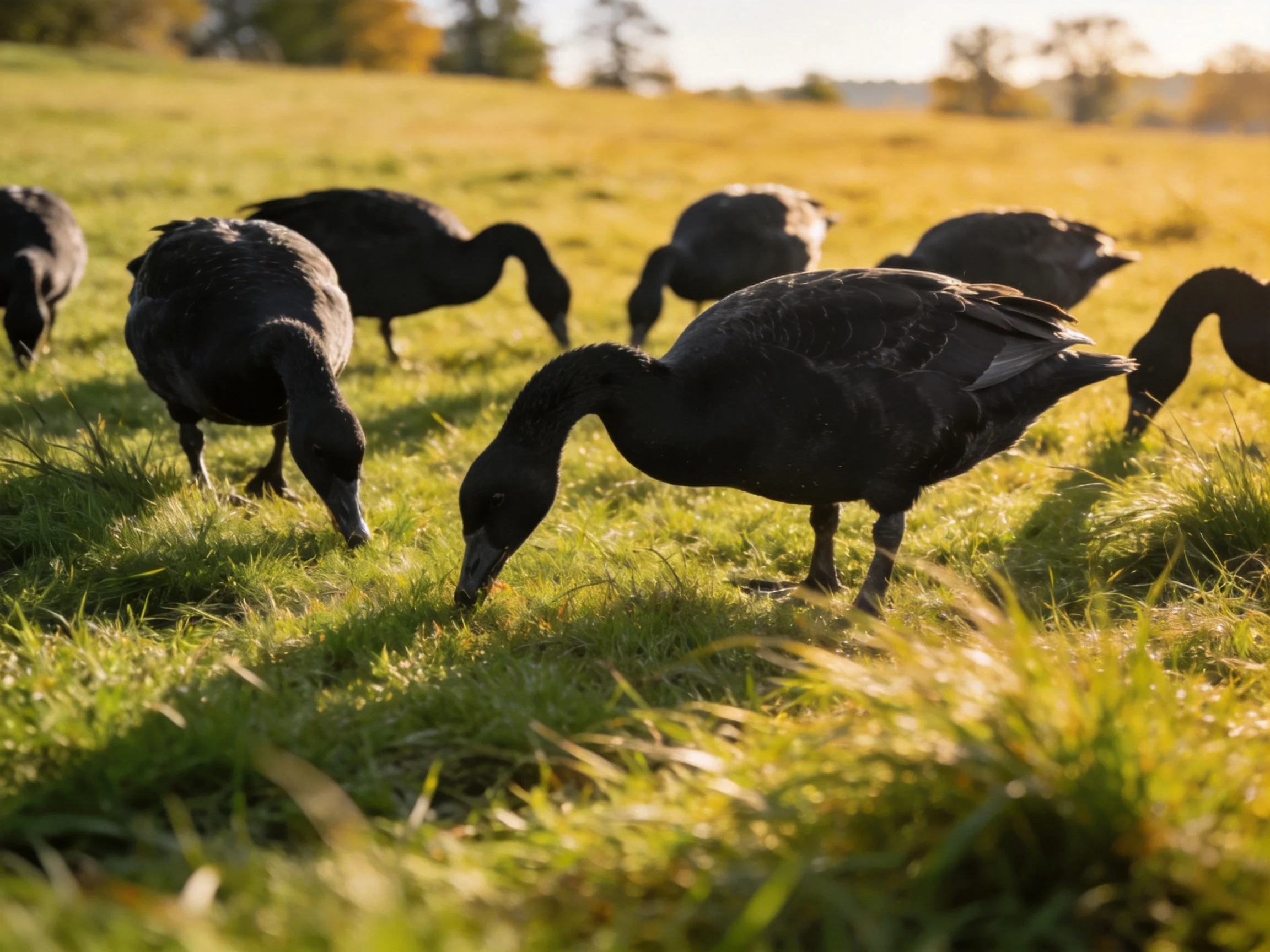 Seven black waterfowl grazing in sunlit golden meadow grasses