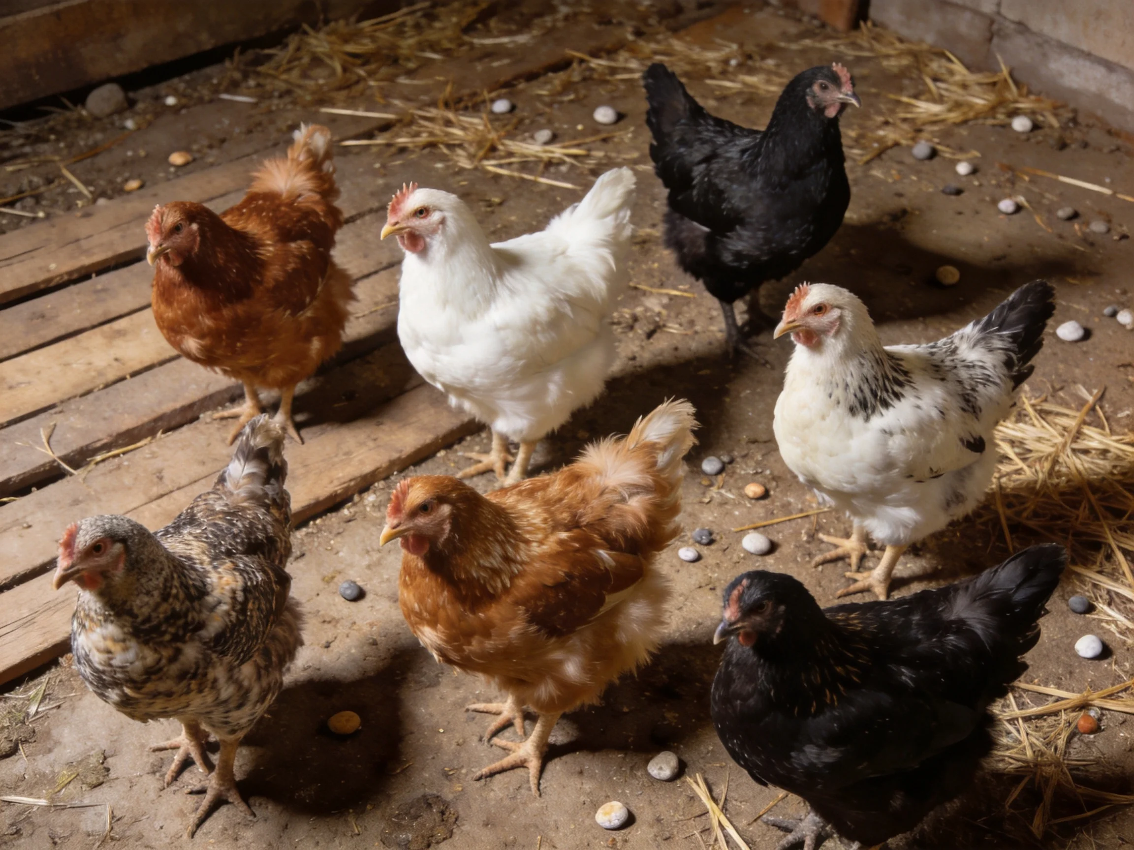 Seven chickens of mixed colors in a barn with straw and pebbles