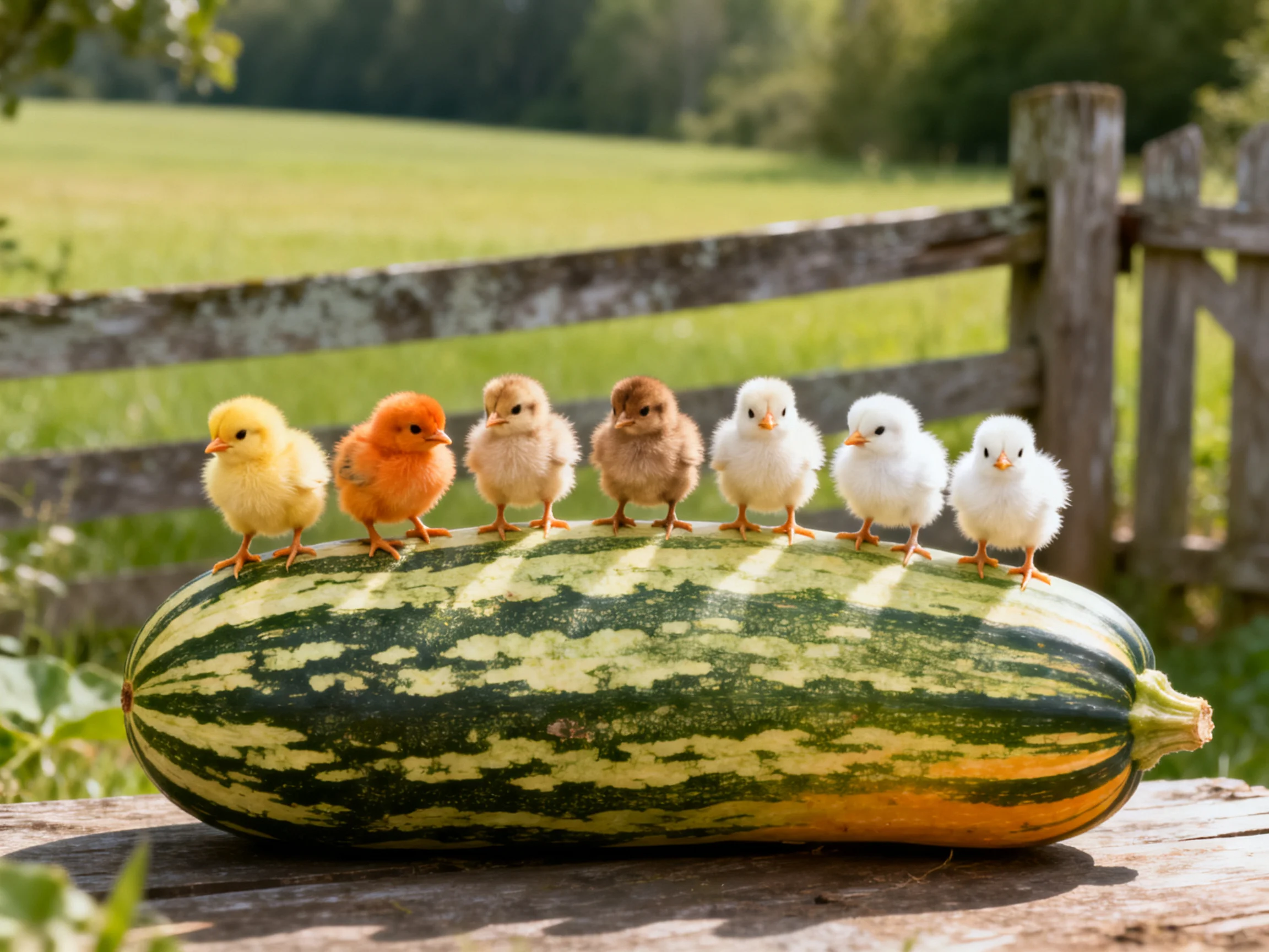 Seven colorful chicks stand on a giant squash near a weathered wooden fence