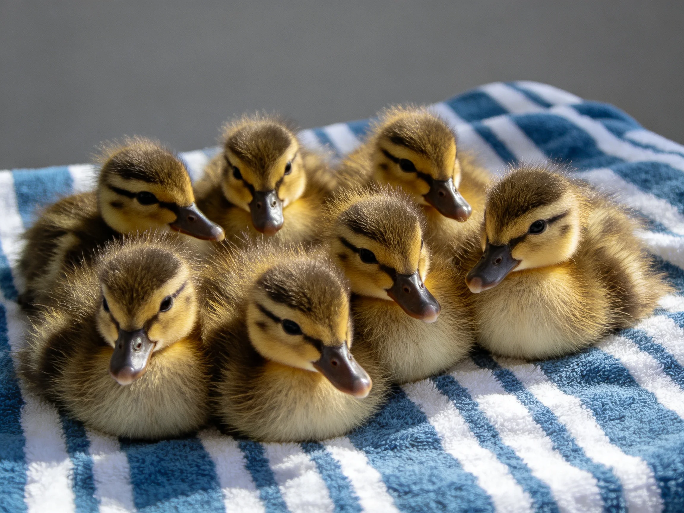 Seven fluffy ducklings clustered on a blue and white striped towel