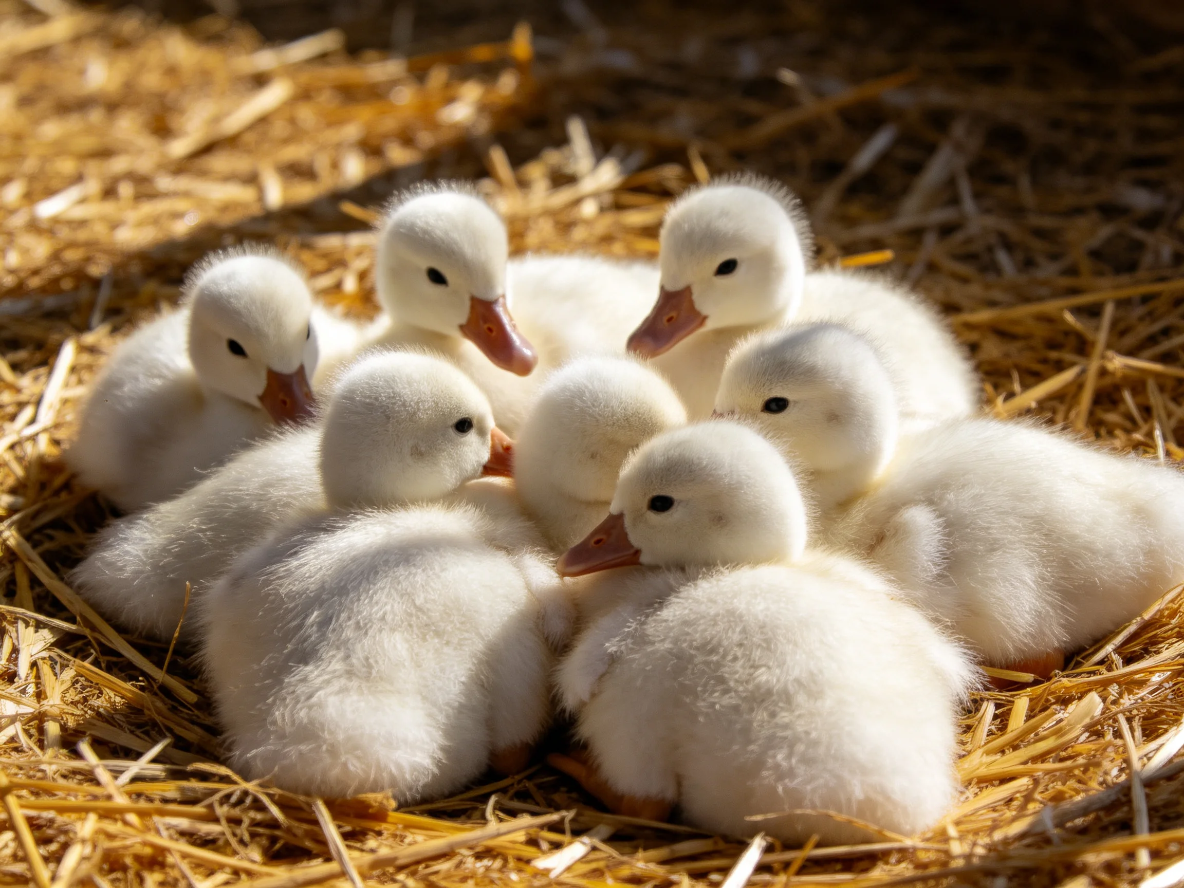 Seven fluffy white ducklings huddled on golden straw bedding