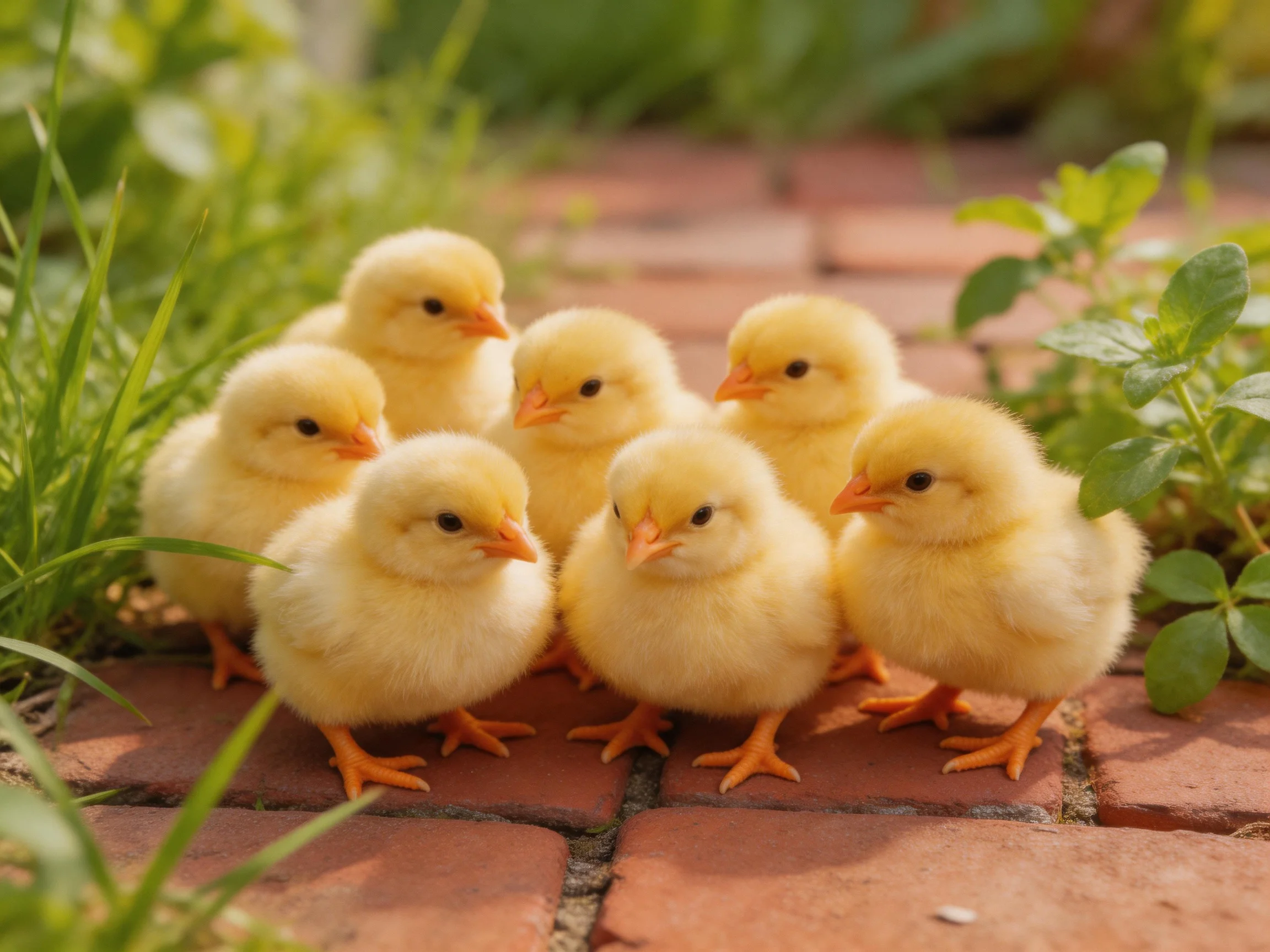 Seven fluffy yellow chicks gathered on a brick pathway surrounded by greenery