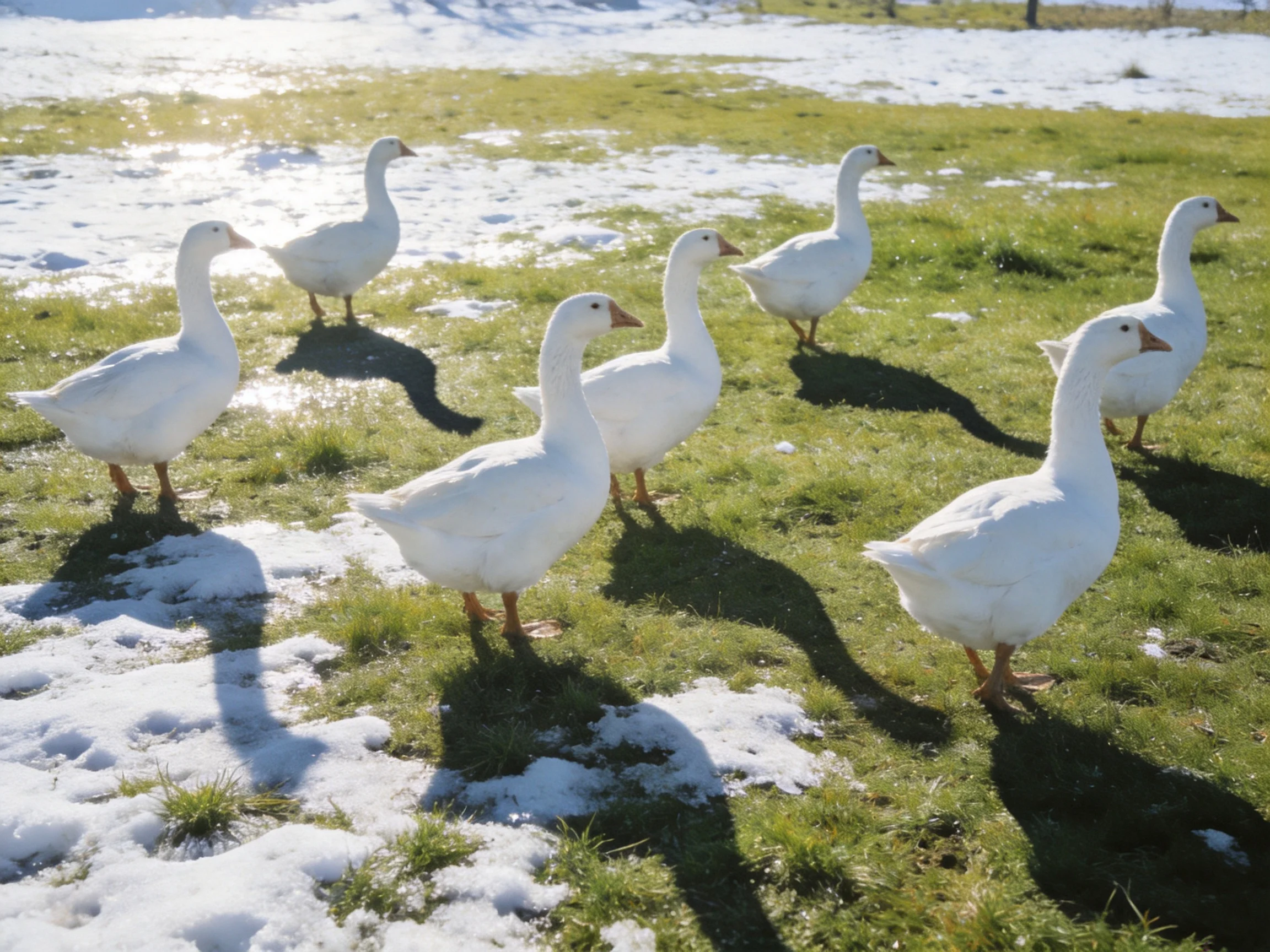 Seven white geese walk on a grassy field with patches of snow