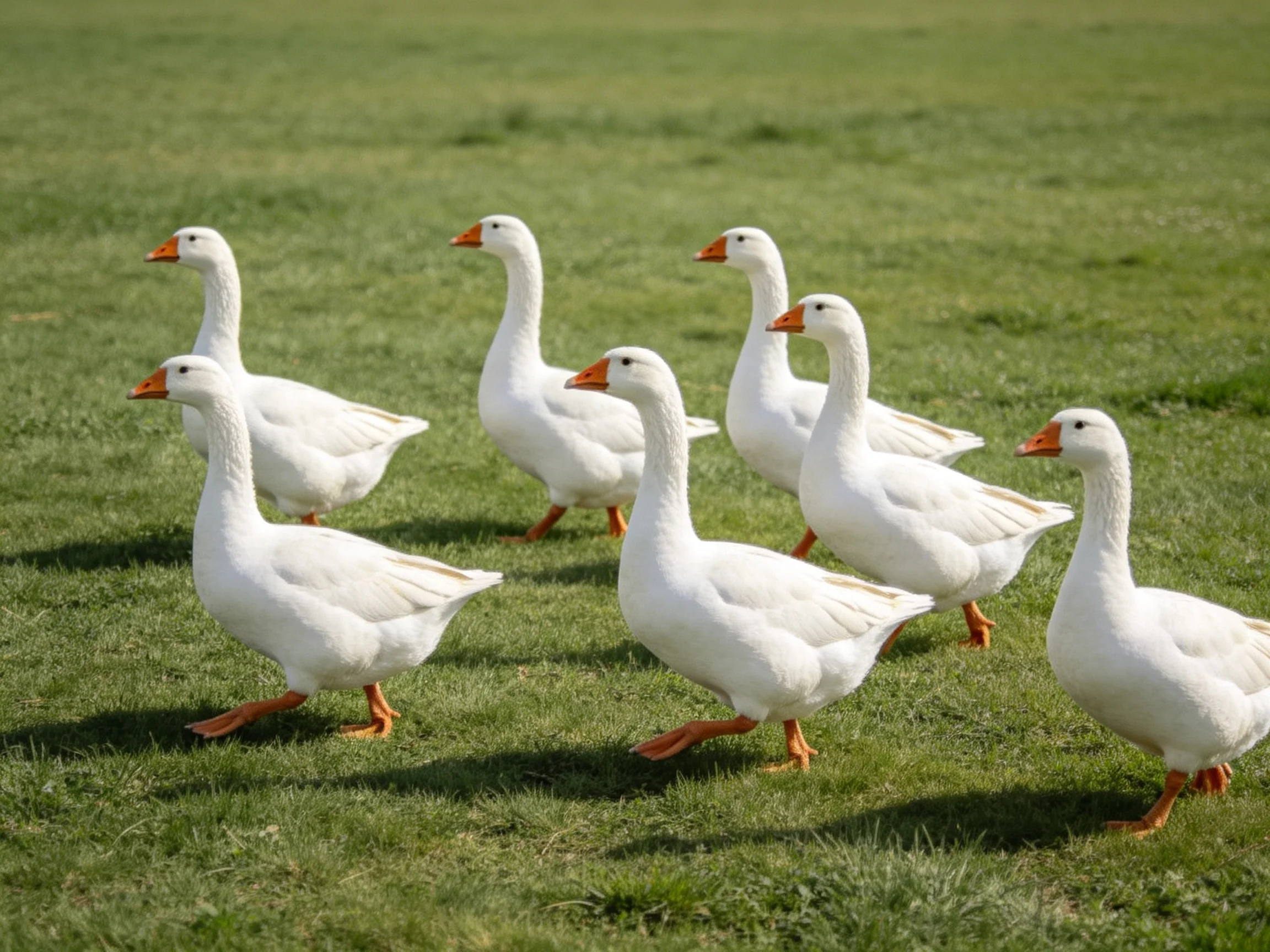 Seven white geese with bright orange beaks traverse a verdant grassy field