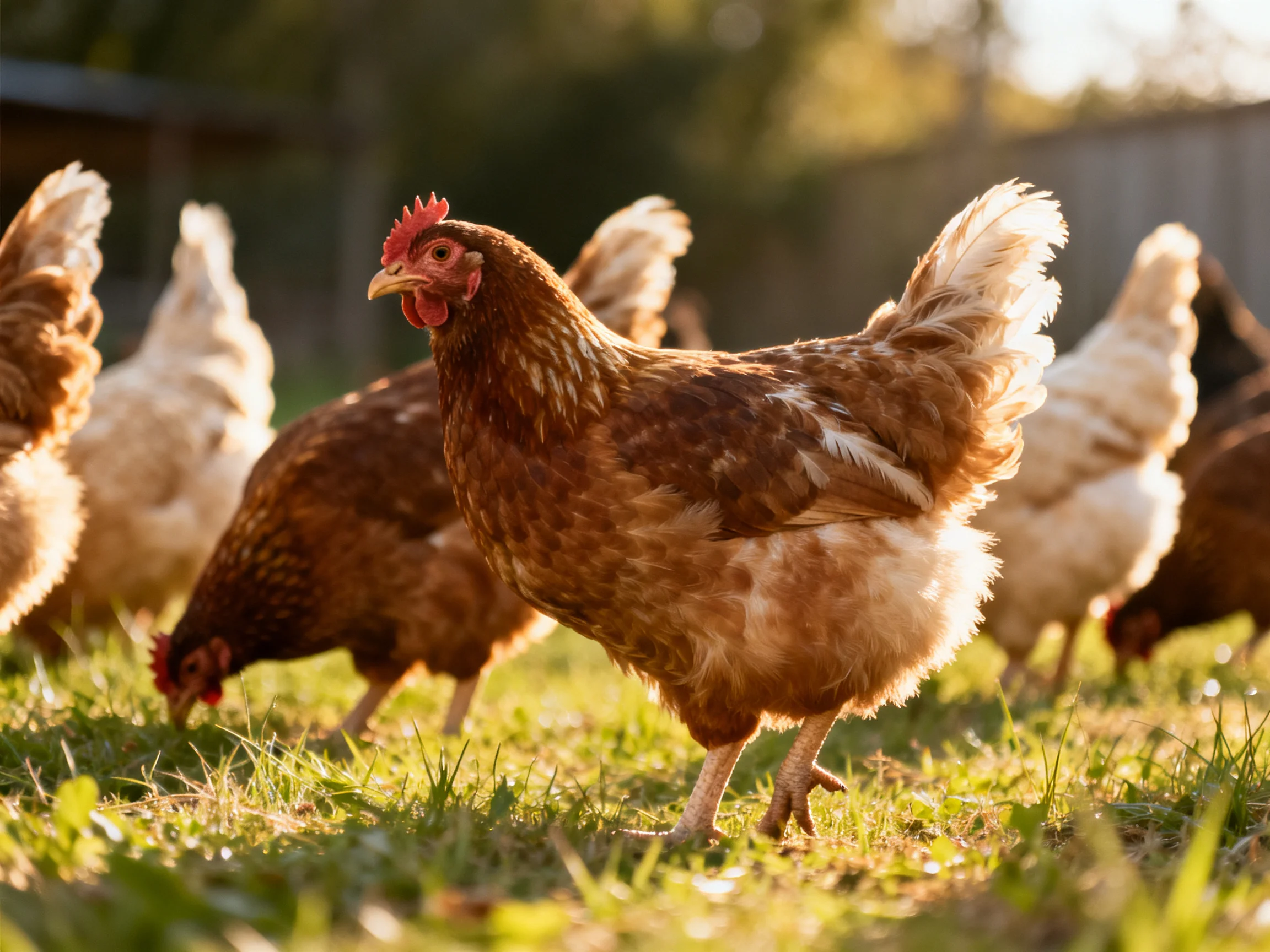 Several brown and white chickens foraging in a sunlit grassy area