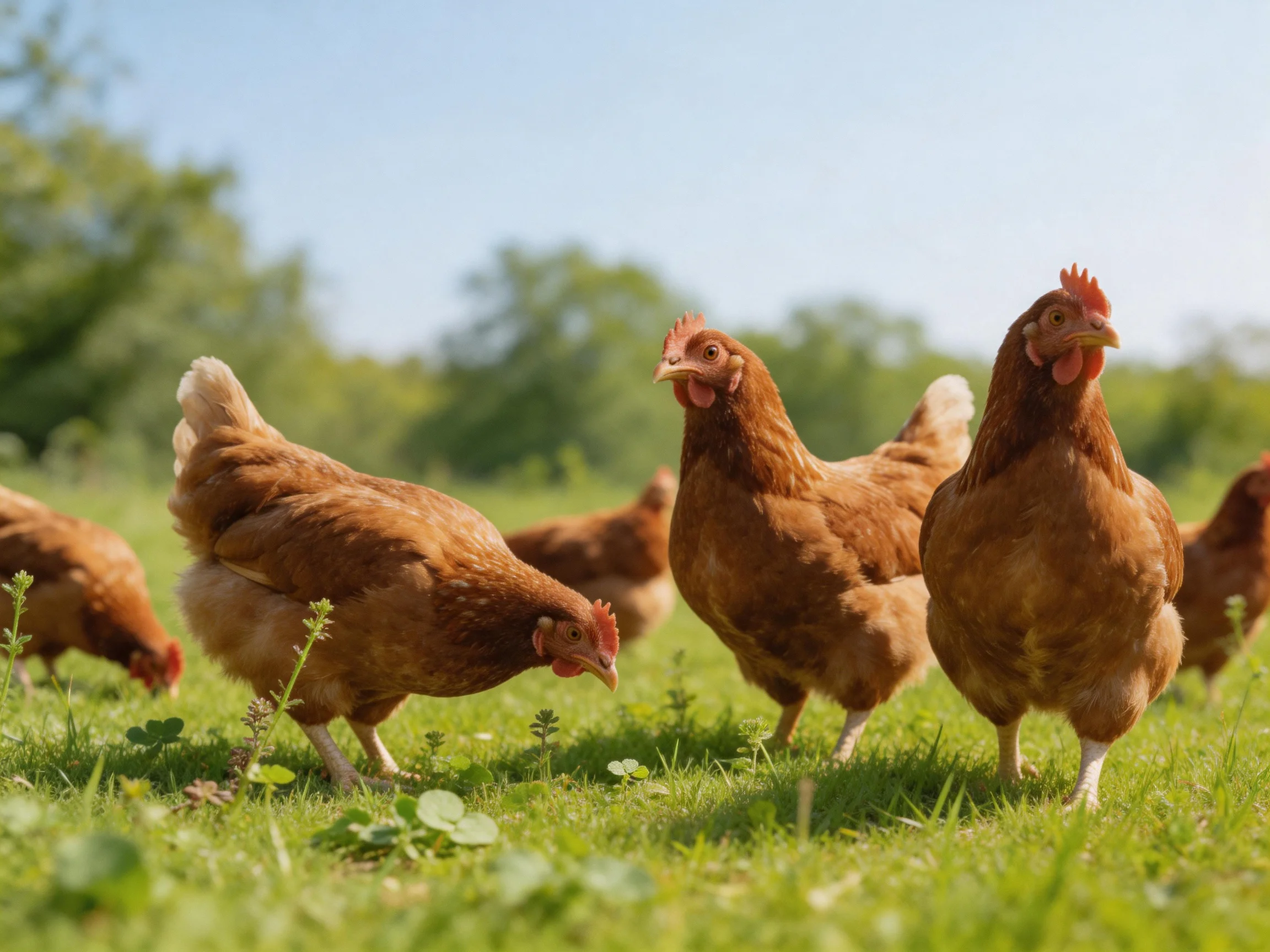 Several brown chickens foraging in a sunlit green pasture