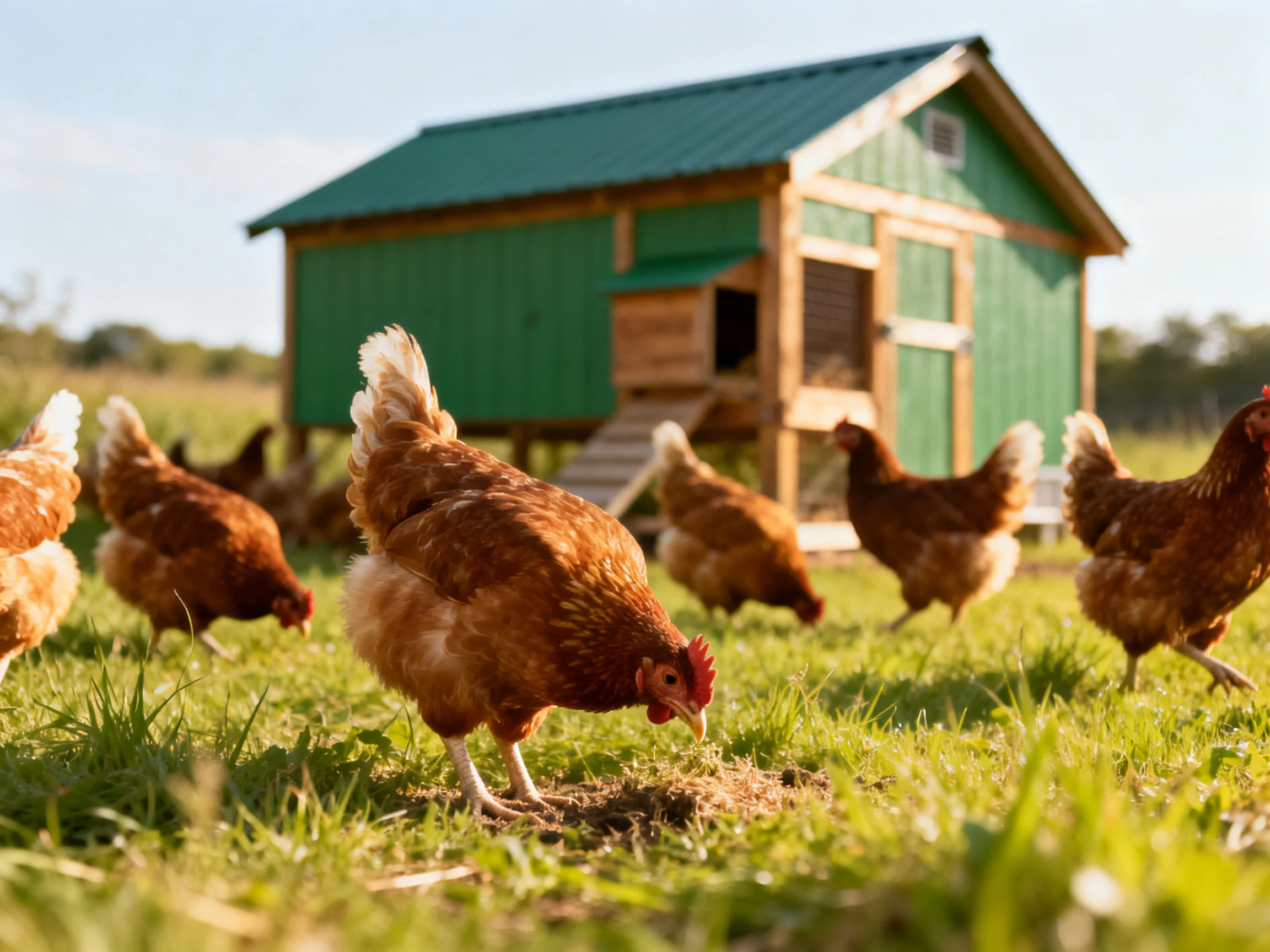 Several brown chickens foraging near a green wooden chicken coop