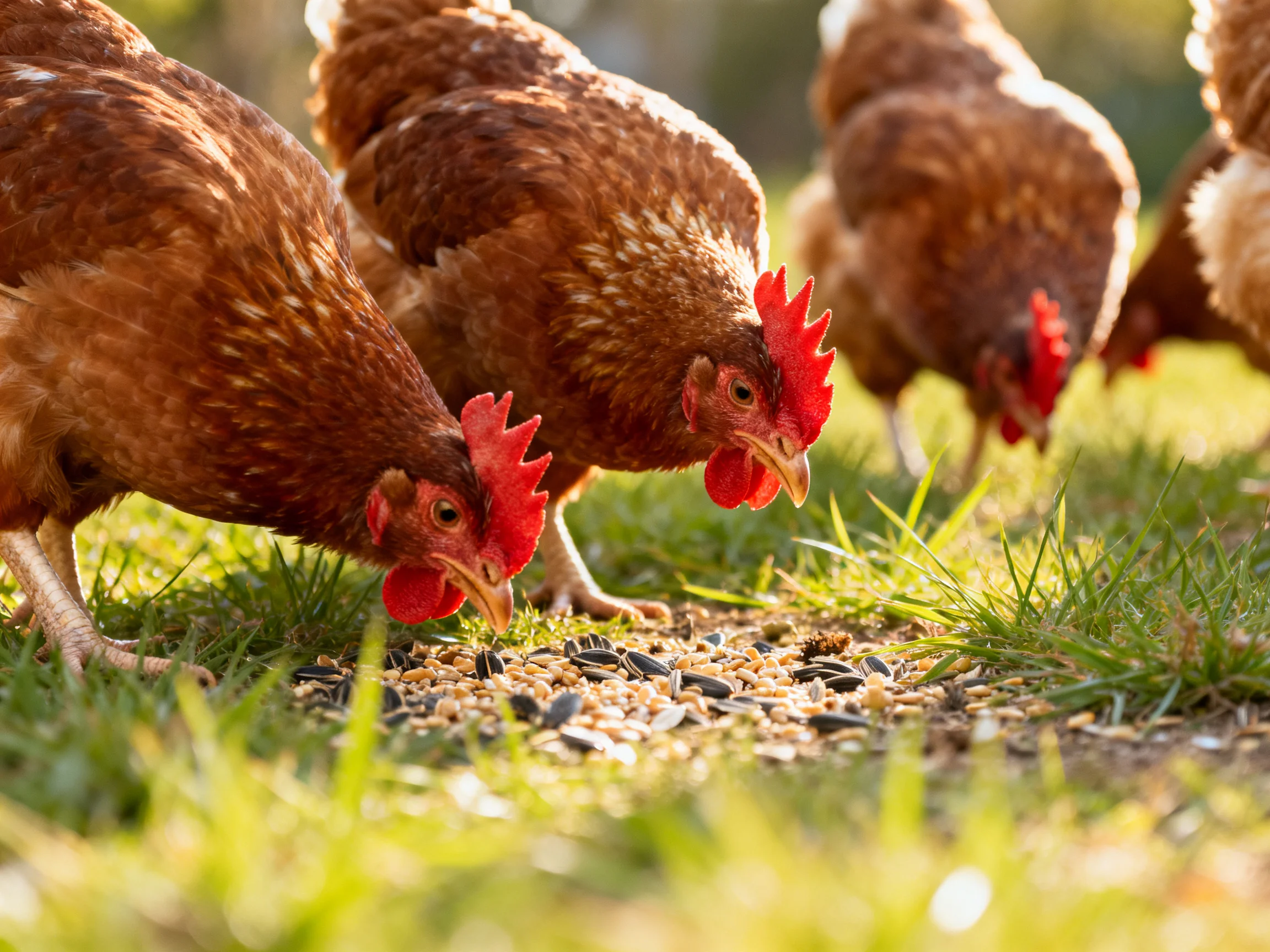 Several brown hens pecking seeds on green grass