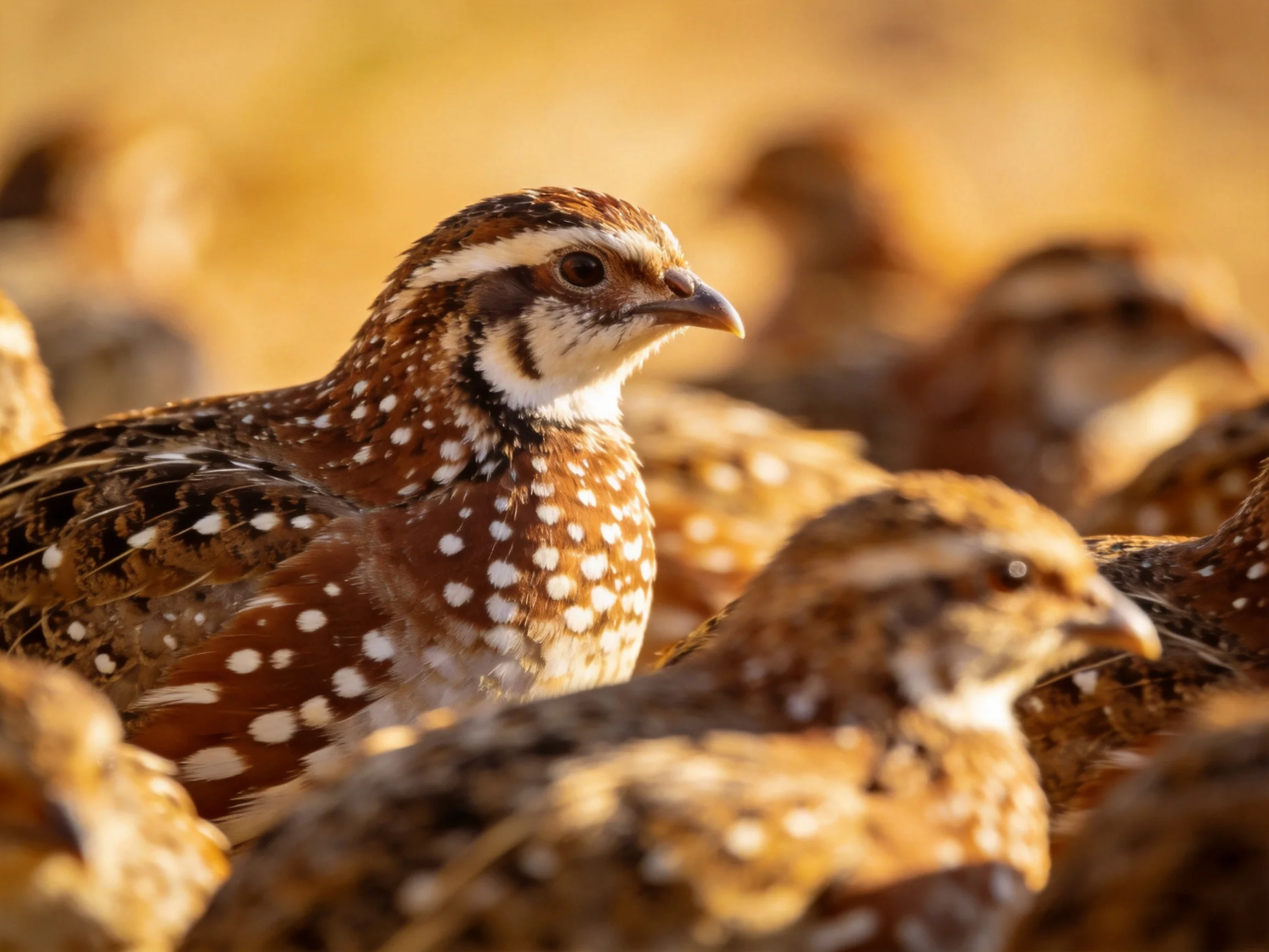 Several brown-spotted quail gather in golden light