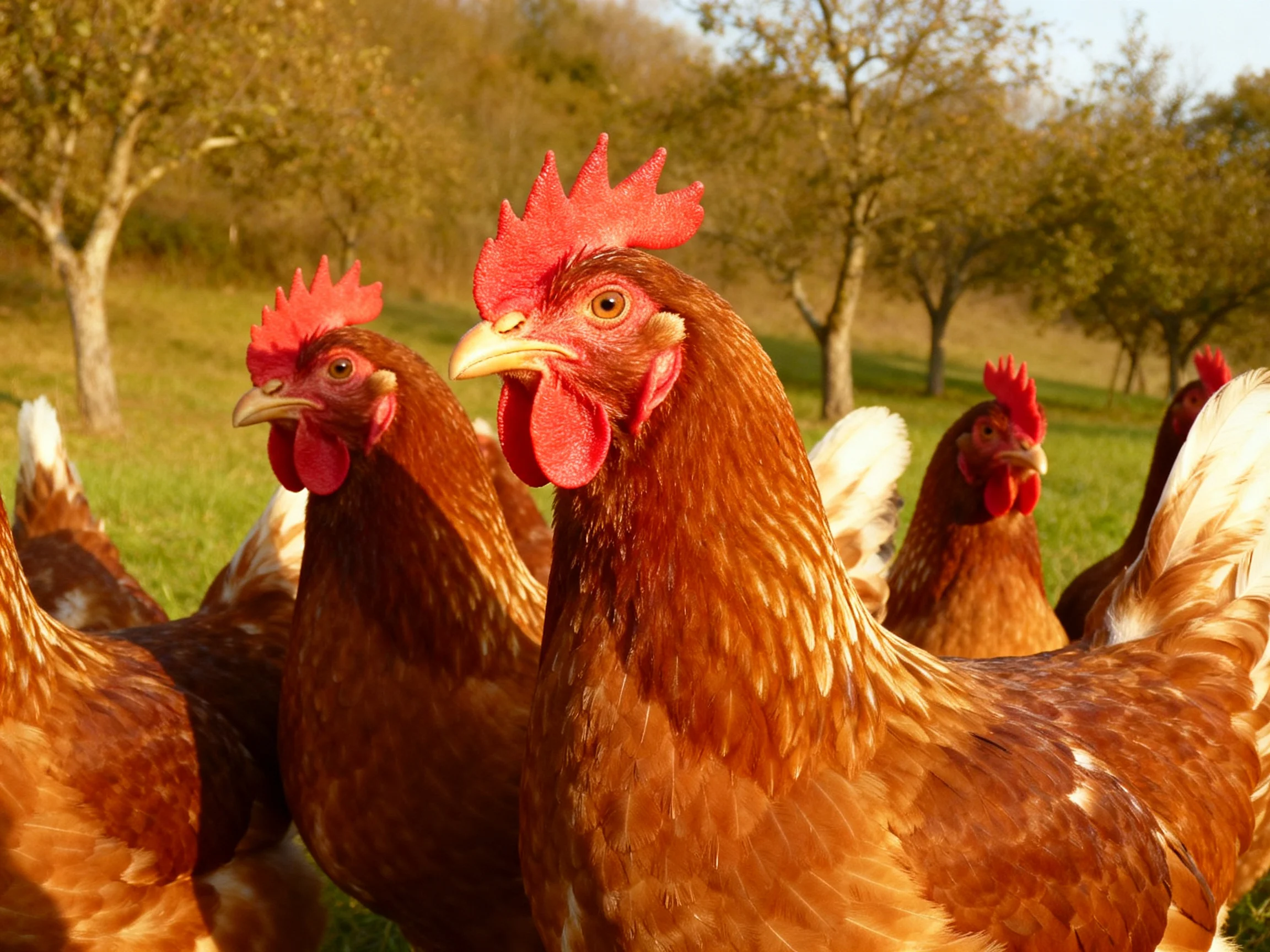 Several reddish-brown chickens with bright red combs in a sunlit pasture