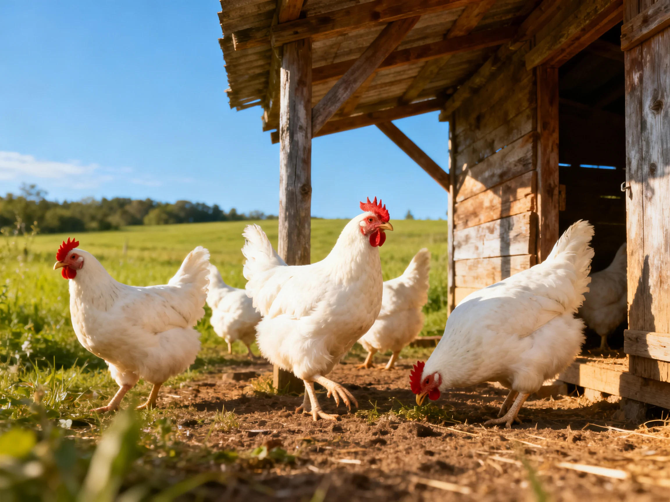 Several white chickens near a weathered wooden chicken coop on a sunny farm