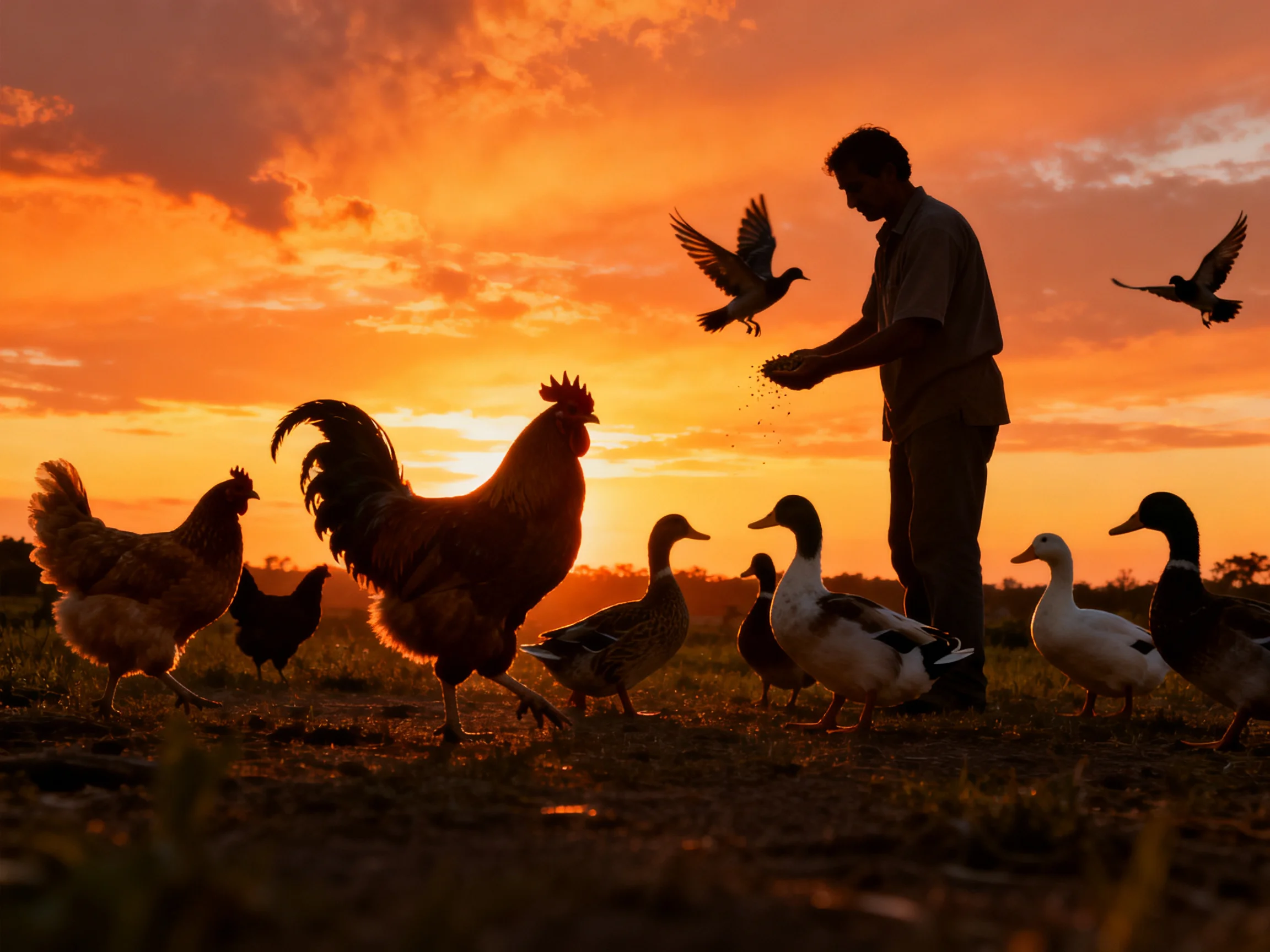 Silhouetted farmer feeding chickens, ducks, and birds at vibrant sunset