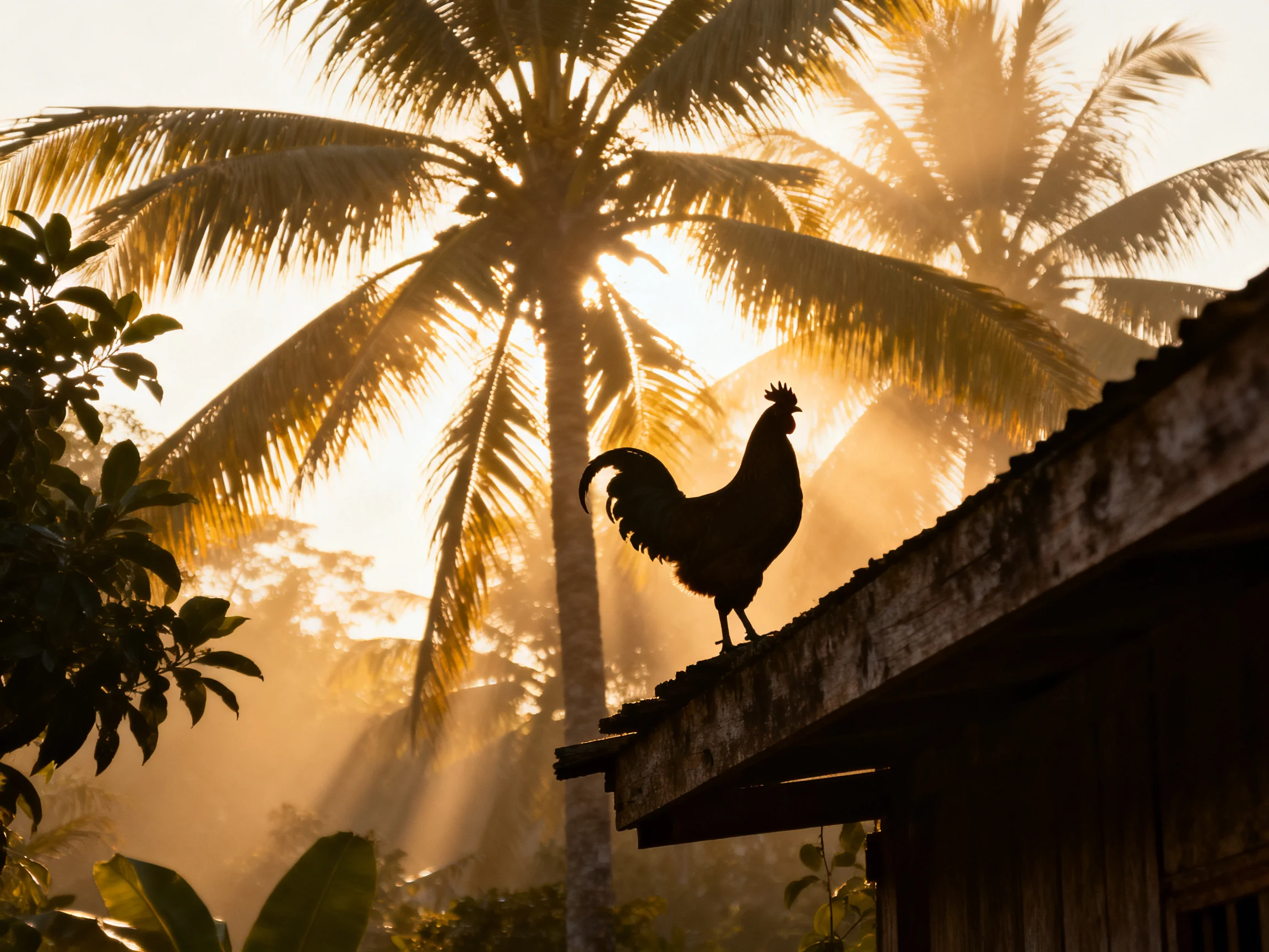Silhouetted rooster perched on weathered rooftop amid palm trees at sunrise