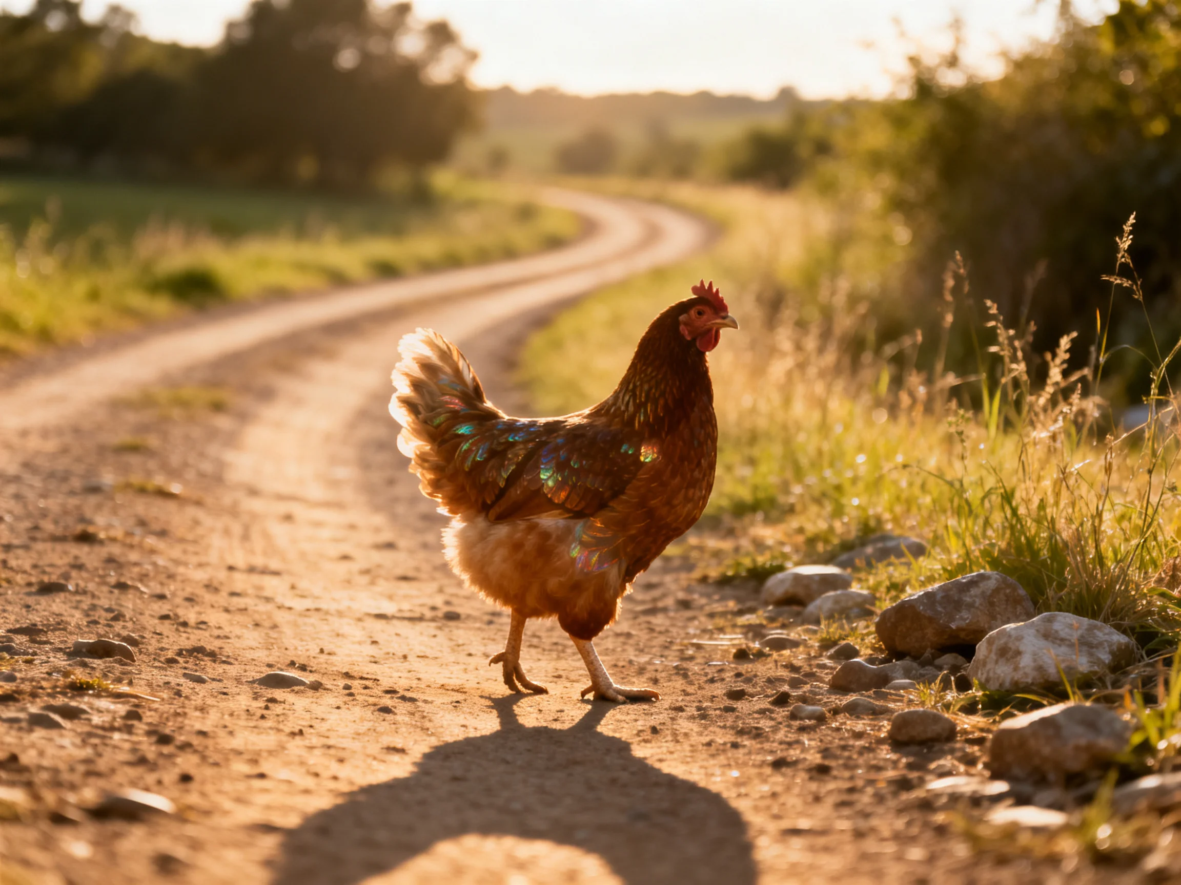 Single brown hen with sunlit dirt road near rocks and grasses