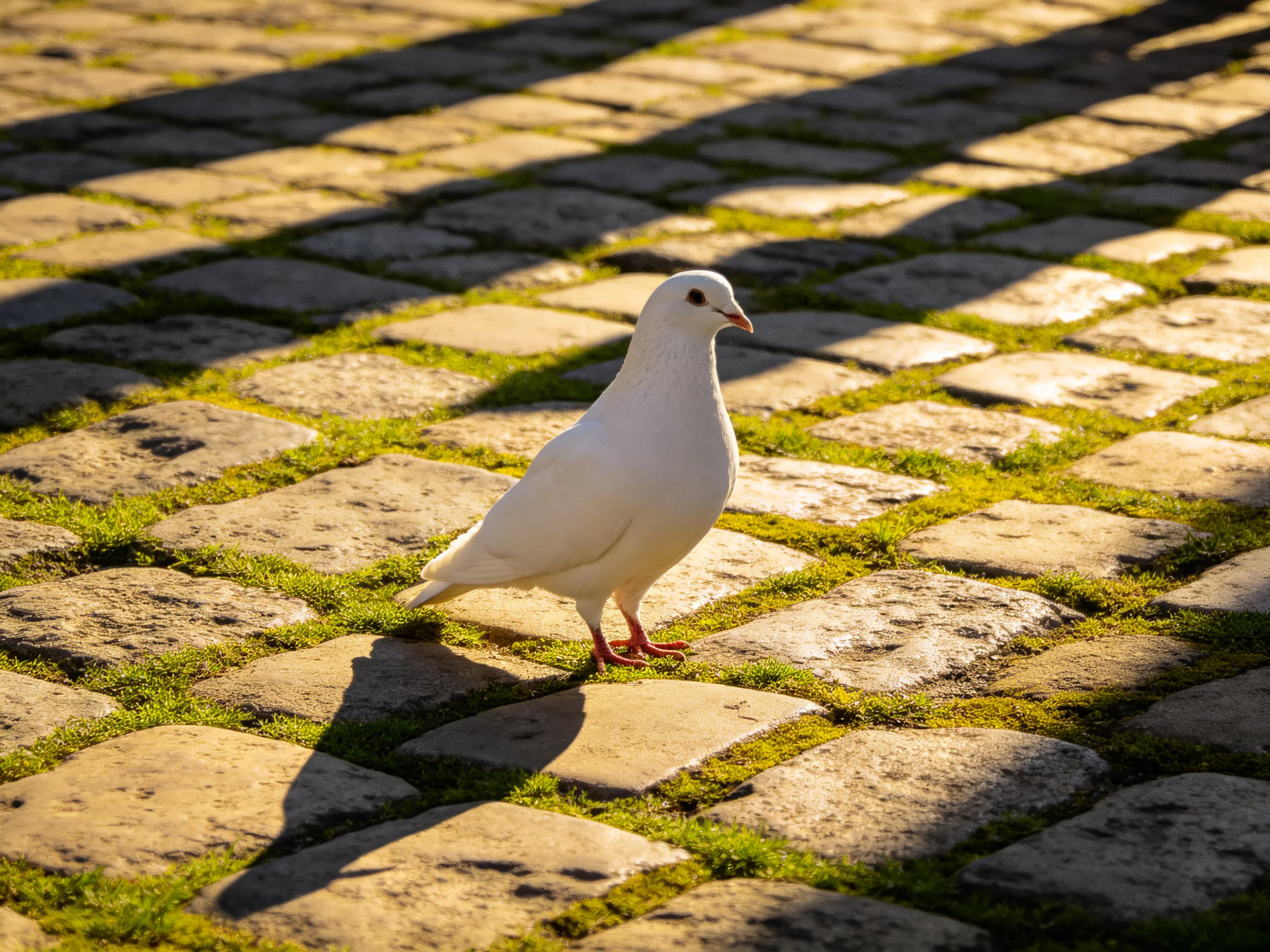 Single white pigeon walking on aged cobblestone pavement with green moss patches