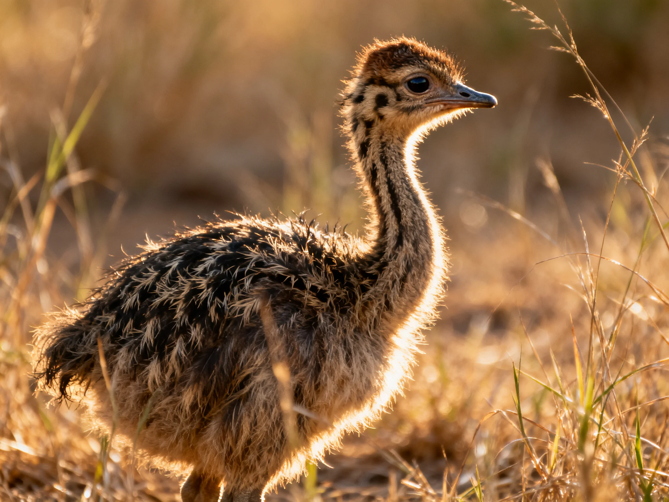 A young bird stands alert among golden grasses in a sunlit natural habitat.