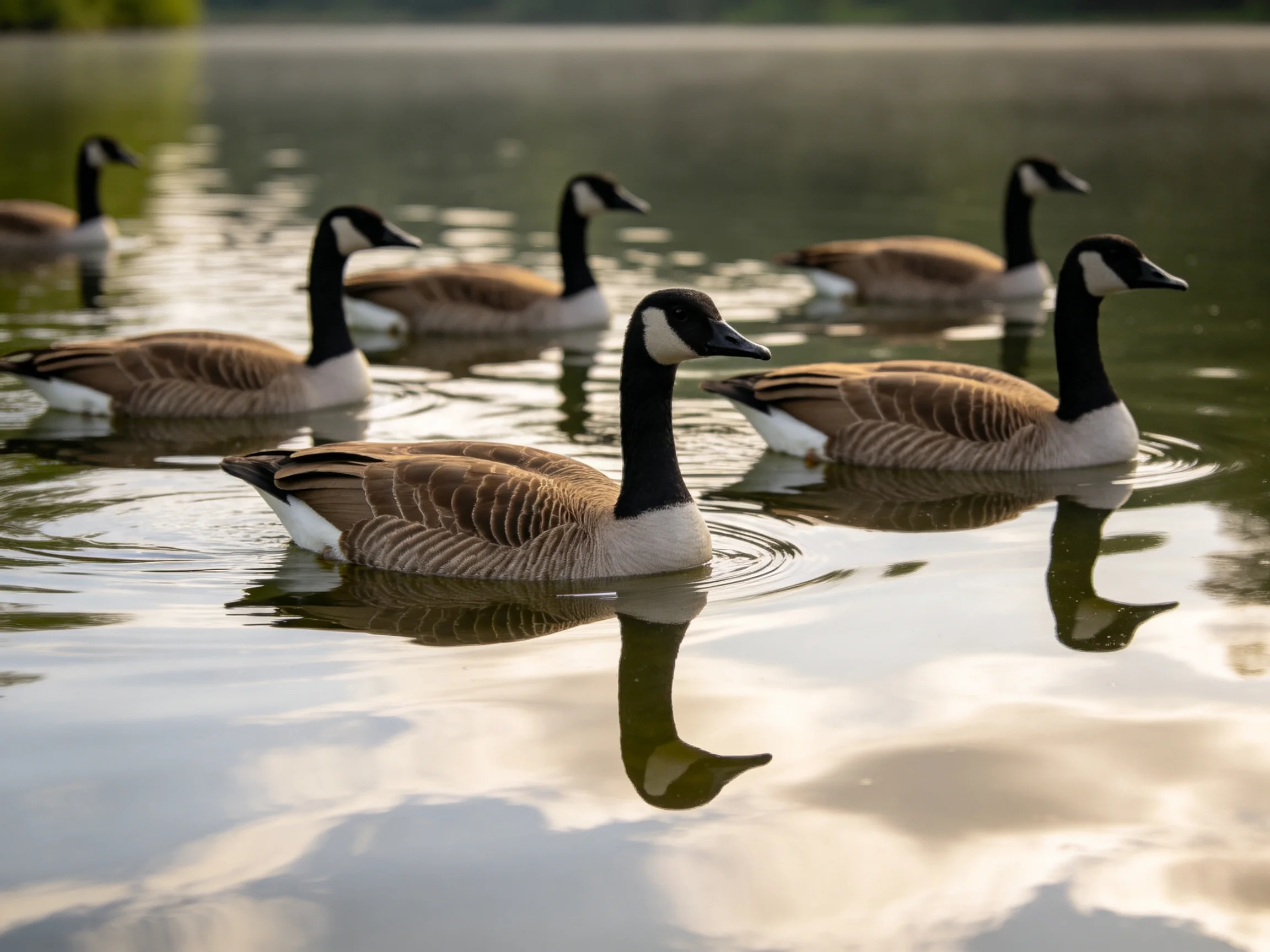 Six Canada Geese Swimming in Calm, Reflective Water