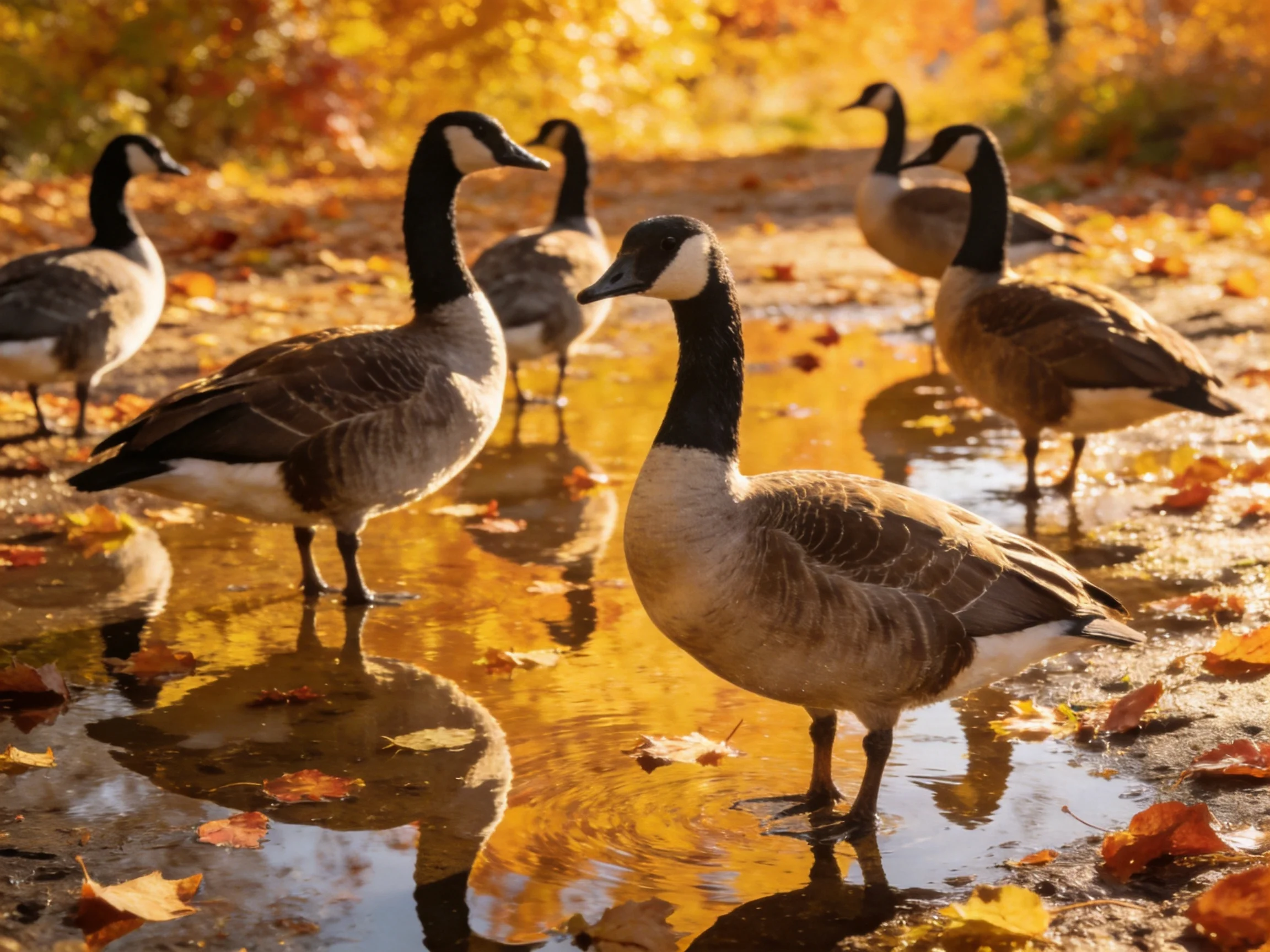 Six Canada Geese standing in shallow autumn water with golden reflections