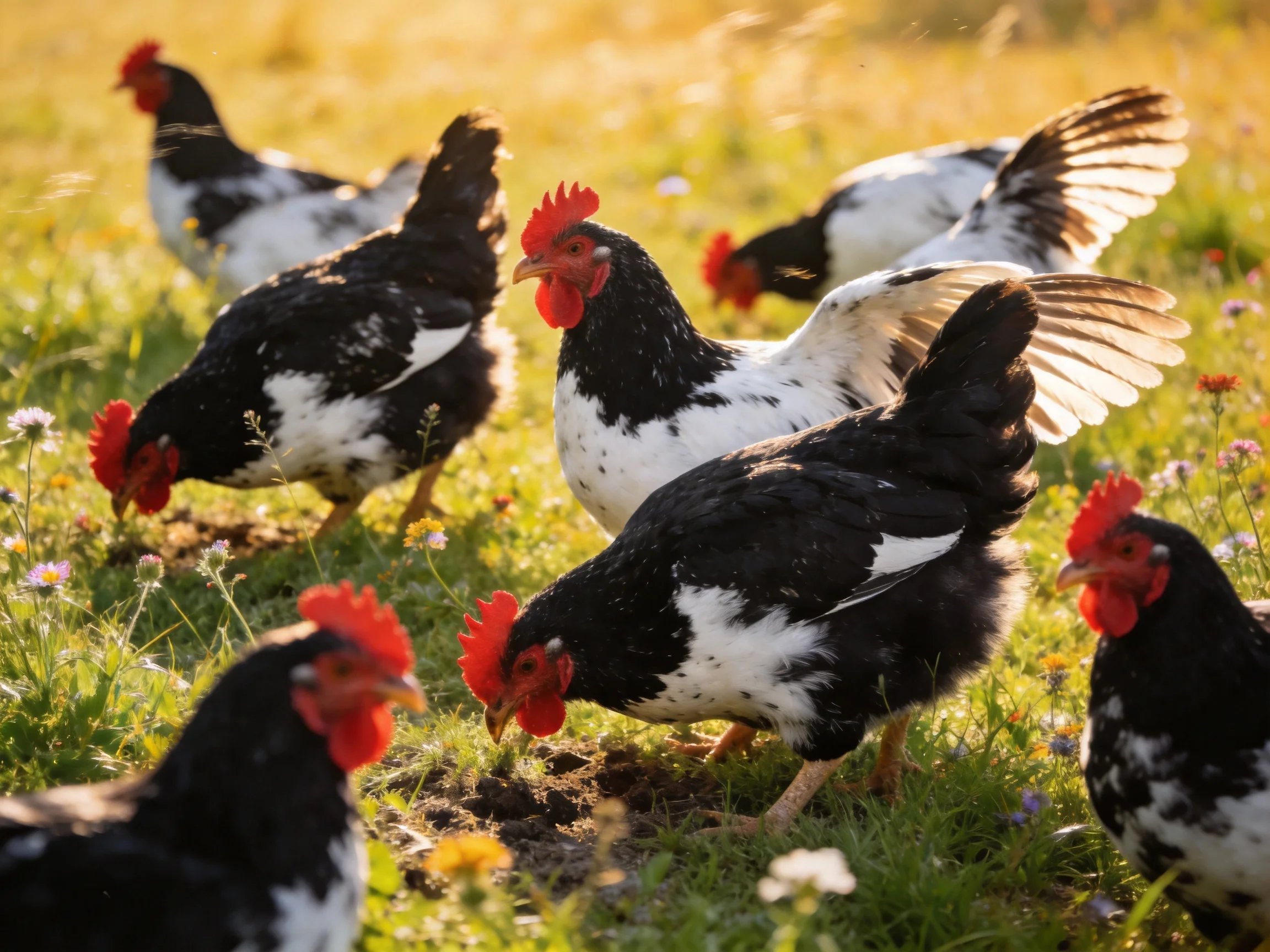 Six black-and-white chickens foraging in a sunlit grassy field