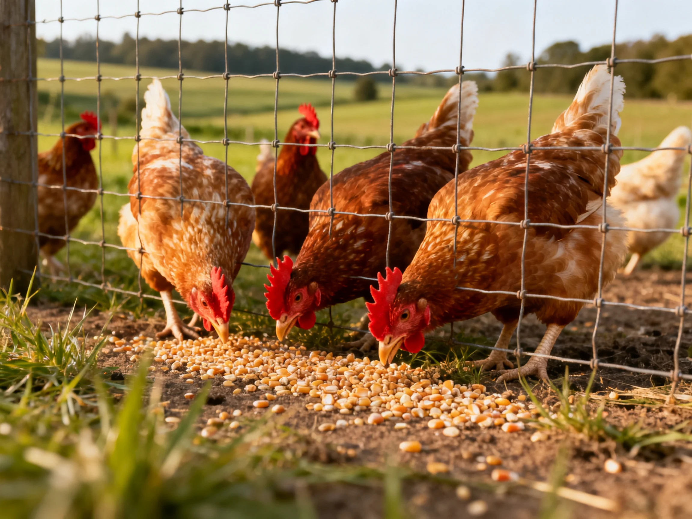 Six brown and white chickens eat grains near a wire fence enclosure.