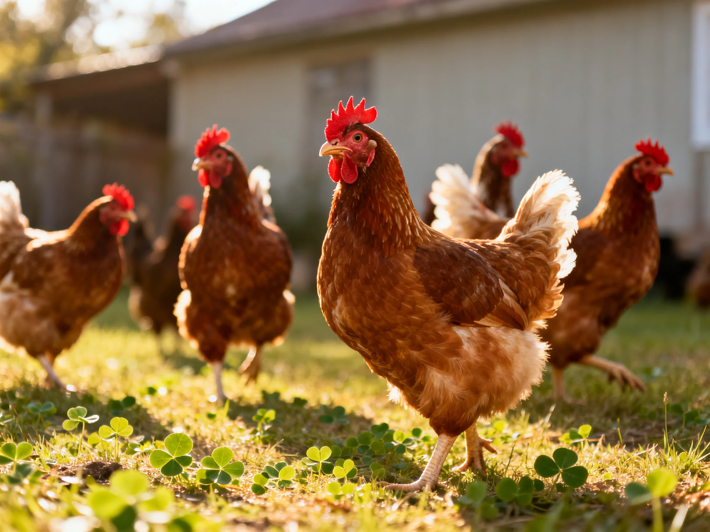 Six brown chickens explore a clover-speckled backyard near a house