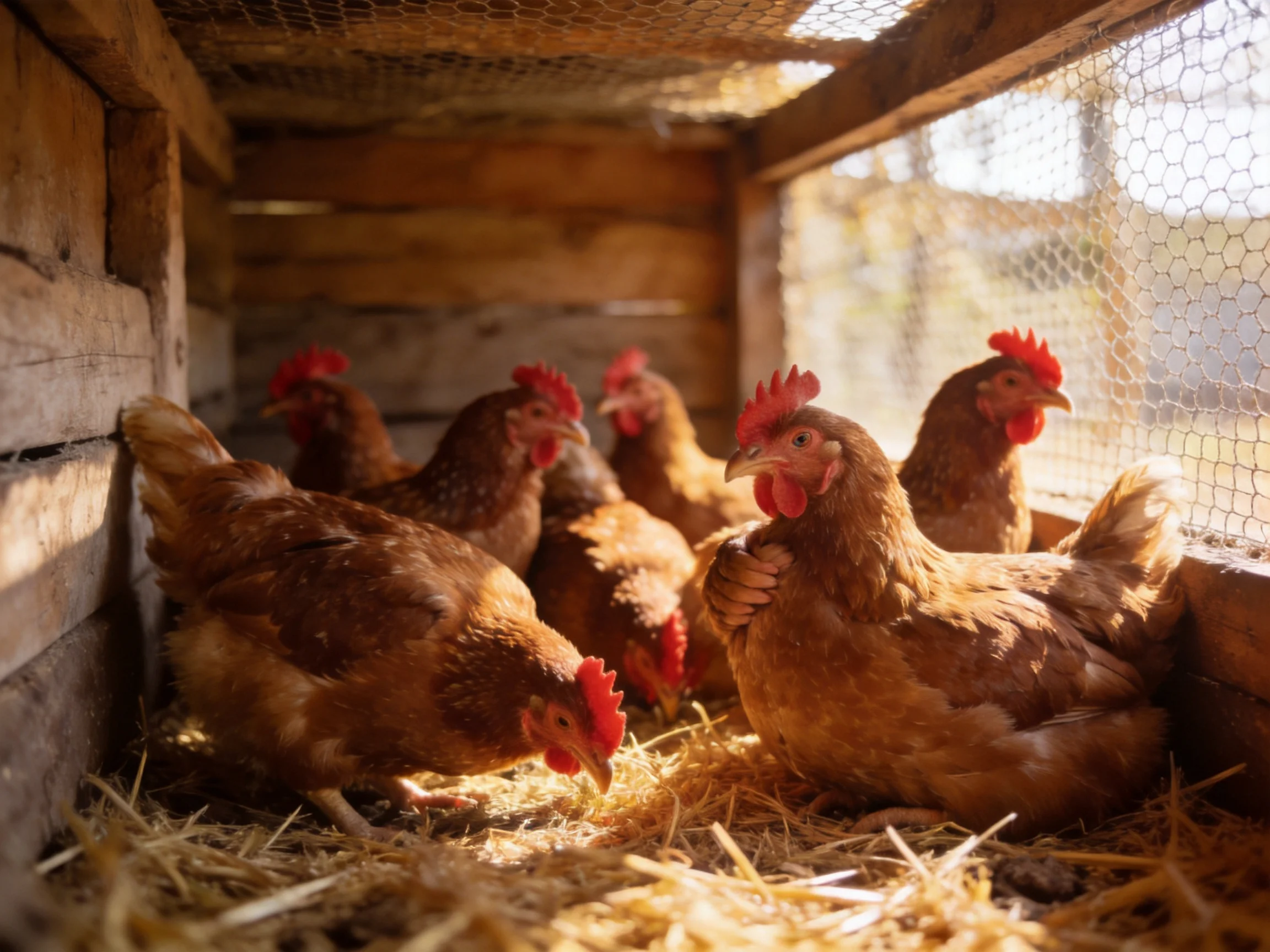 Six brown chickens in a wooden coop with straw bedding