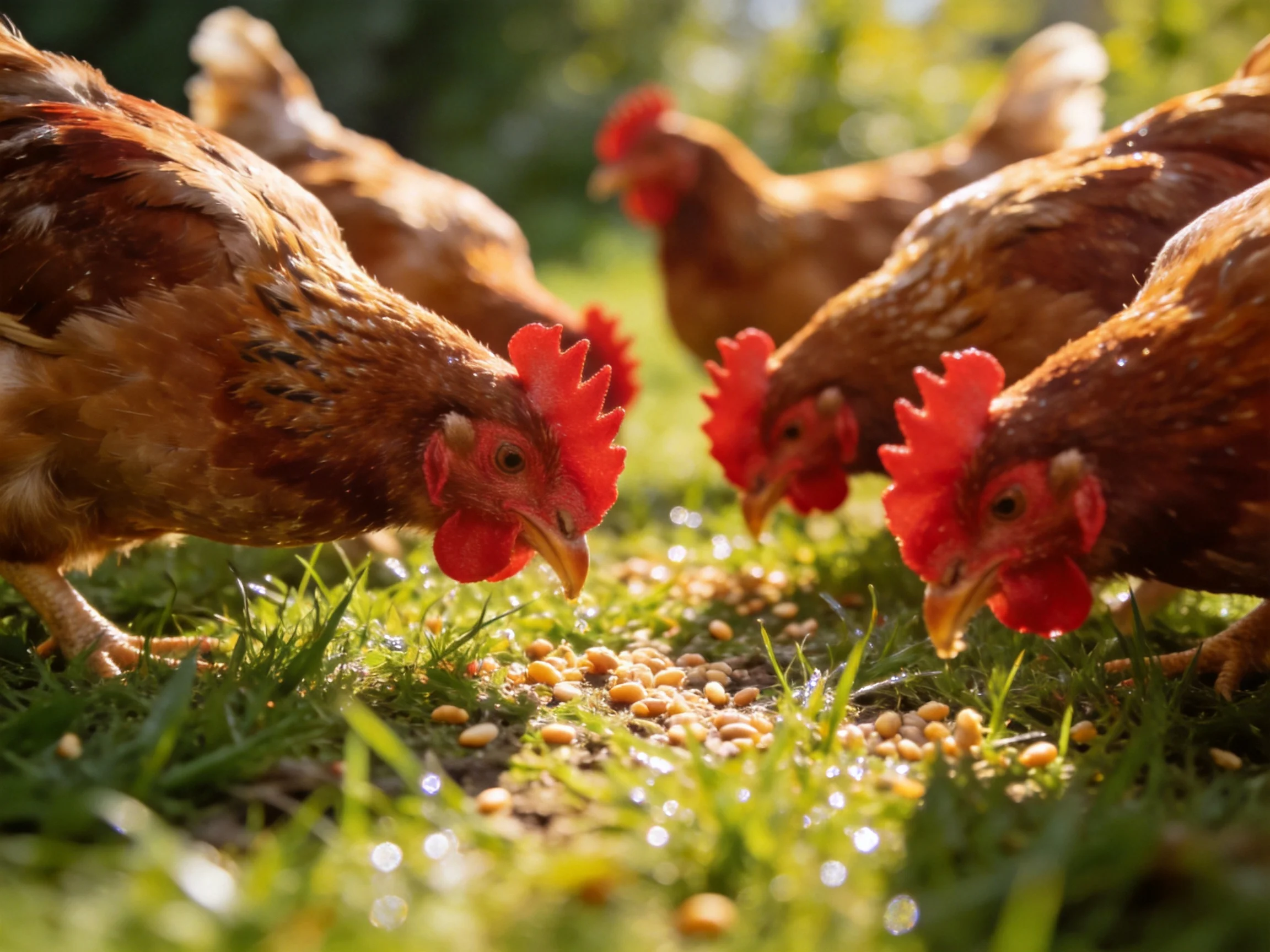 Six brown chickens pecking seeds on green grass in sunny daylight