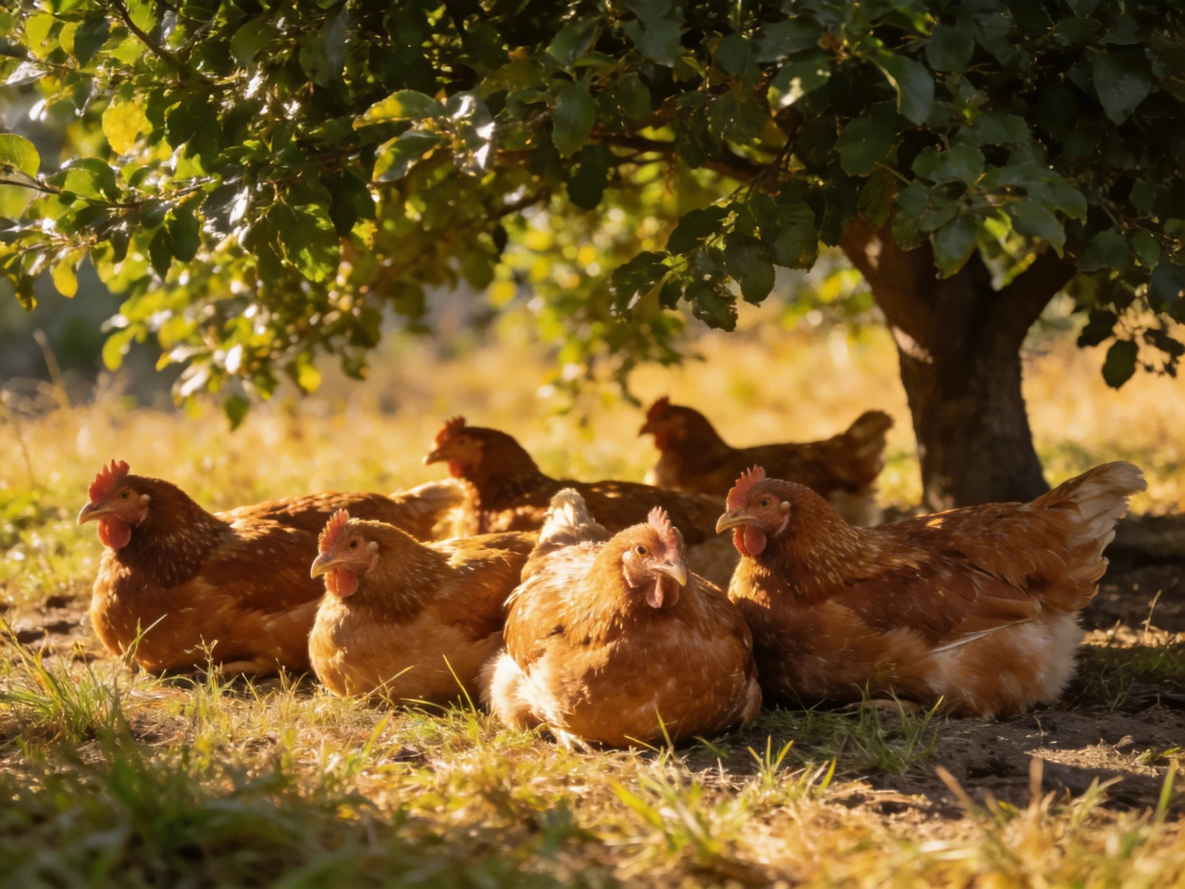 Six brown chickens rest beneath a leafy tree in warm sunlight.