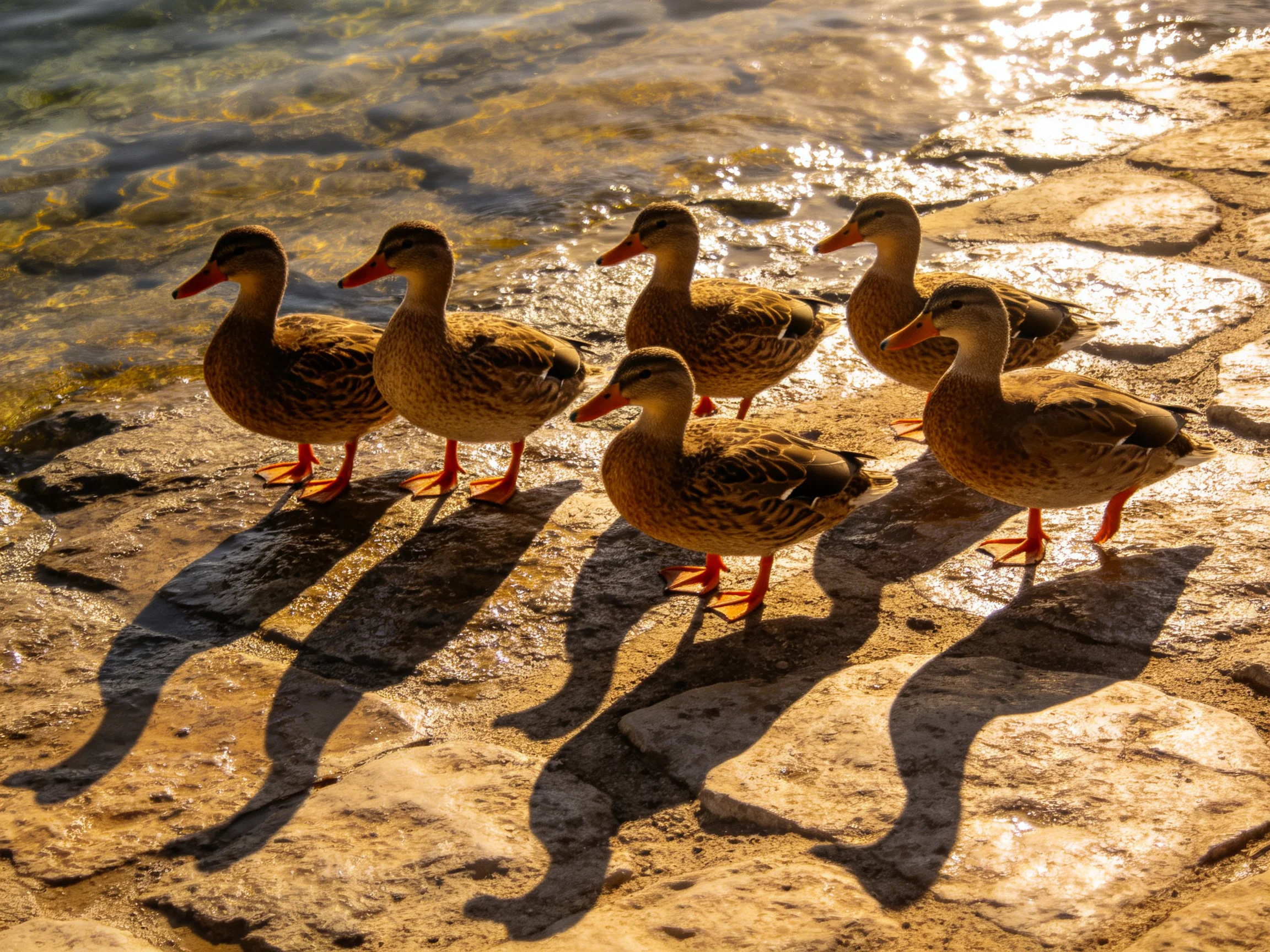 Six brown ducks stand on a sunlit stone shore beside clear water