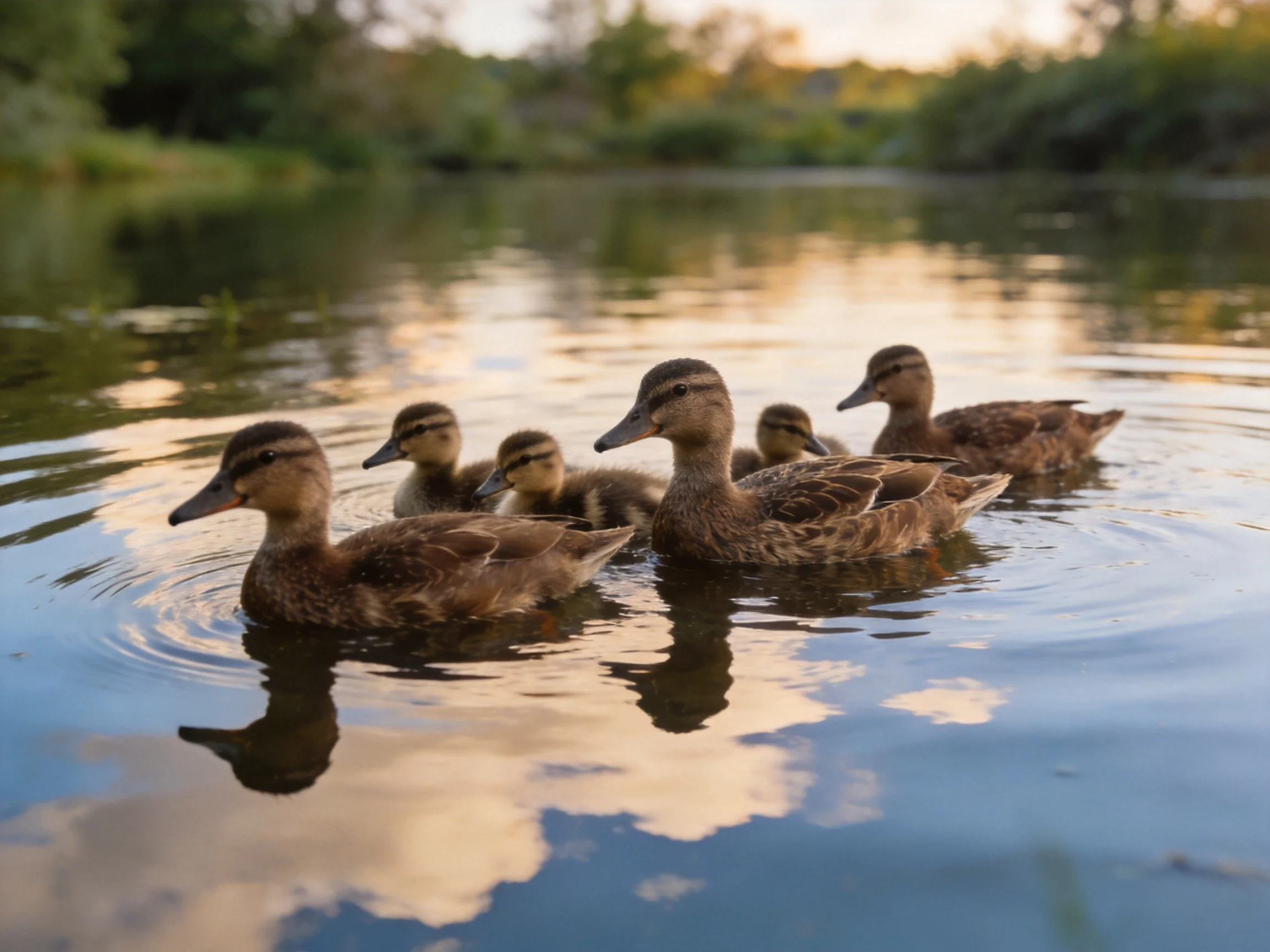 Six brown ducks swim together in a calm river with green surroundings